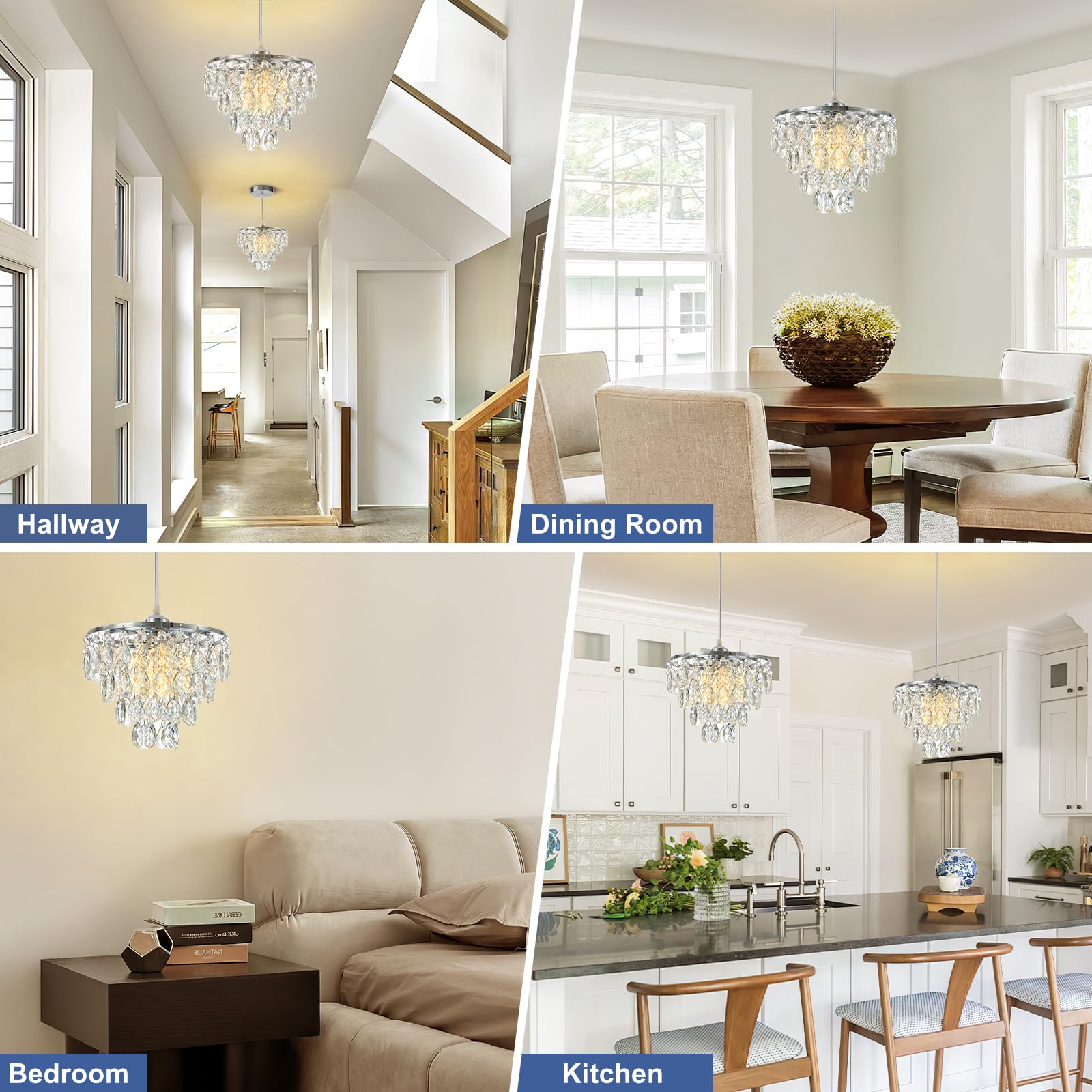 Cxgleaming Crystal Pendant Light Silver Hanging Chandelier Height Adjustable Hanging Light Fixture For Kitchen Island Hallway Be