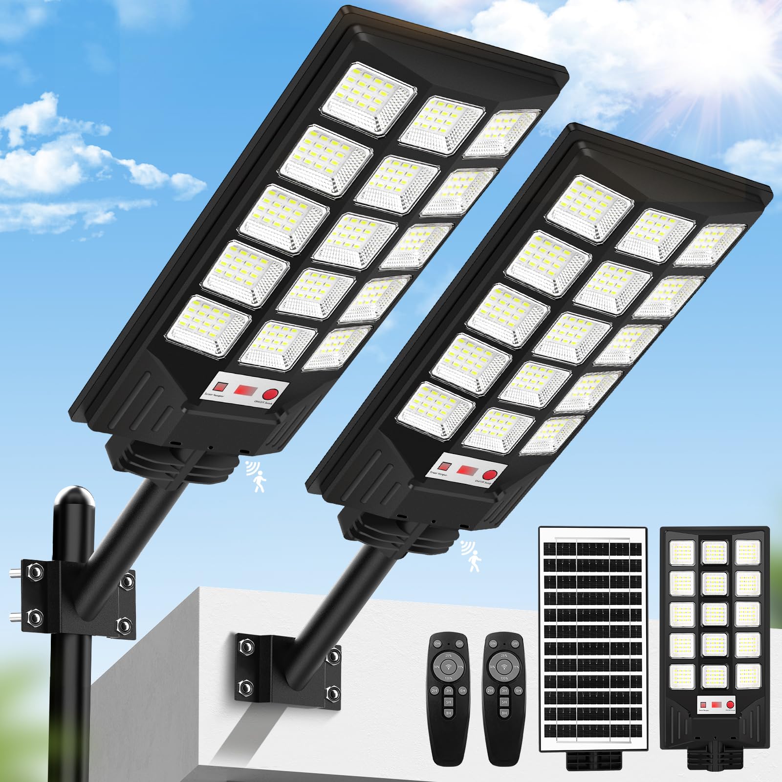 Solar Street Lights Outdoor Waterproof, 25000LM 8500K Motion Sensor Solar Powered Flood Lights with Remote Control, Dusk to Dawn