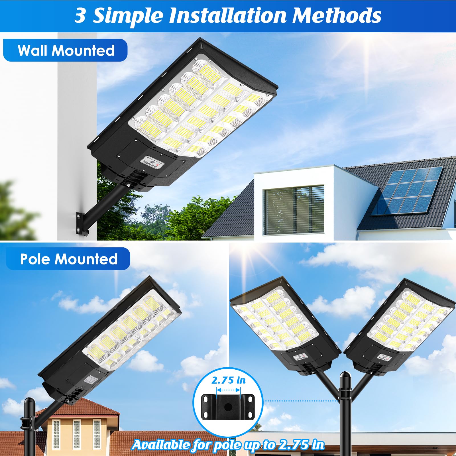 Brightever Solar Street Lights Outdoor 5000W 500000LM Black 2-Pack with Motion Sensor and Remote Control