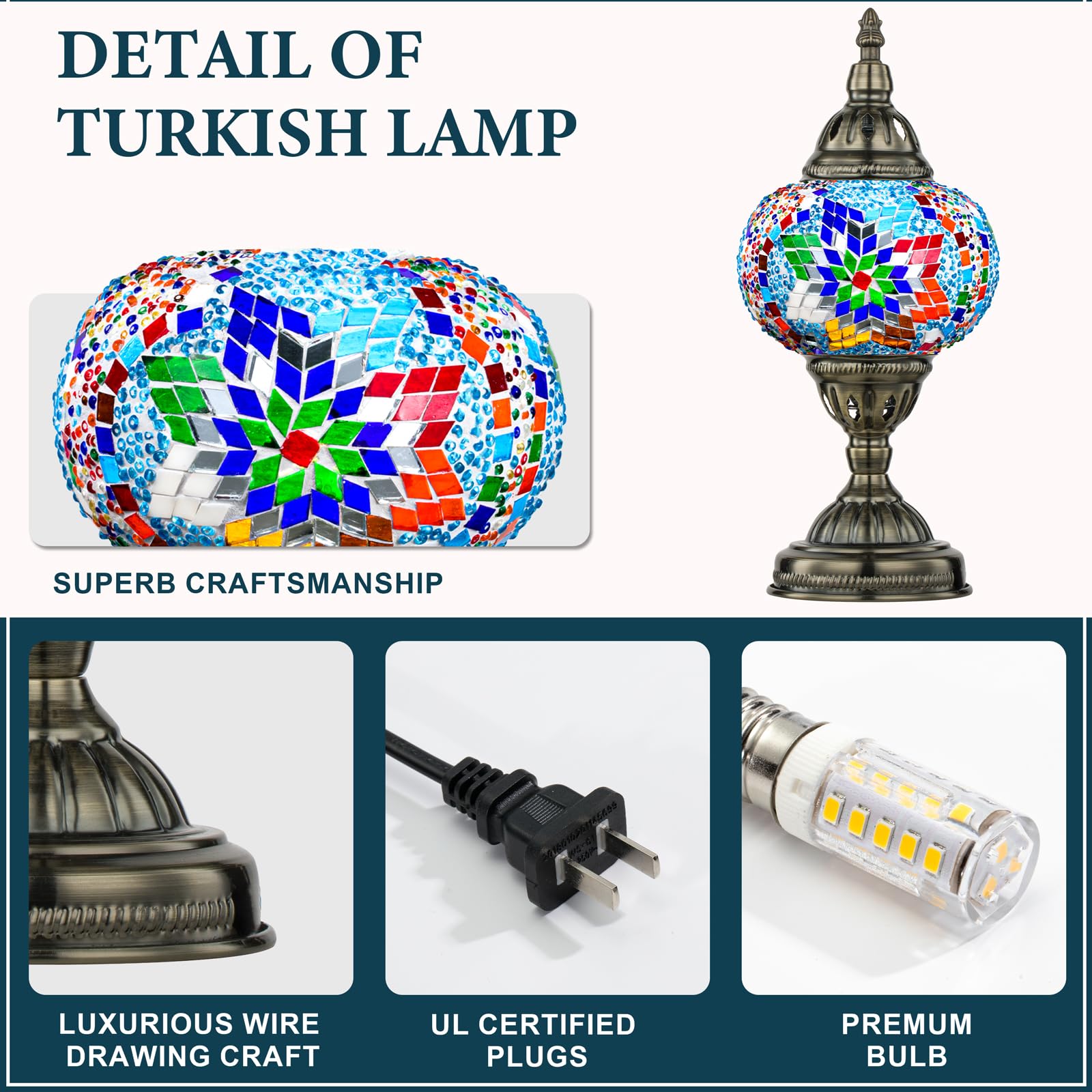 Marrakech Moroccan Mosaic Table Lamp, Handmade Glass with Bronze Base, LED Bulb Included, Colorful, Model YMA401-15-A8-TowerB