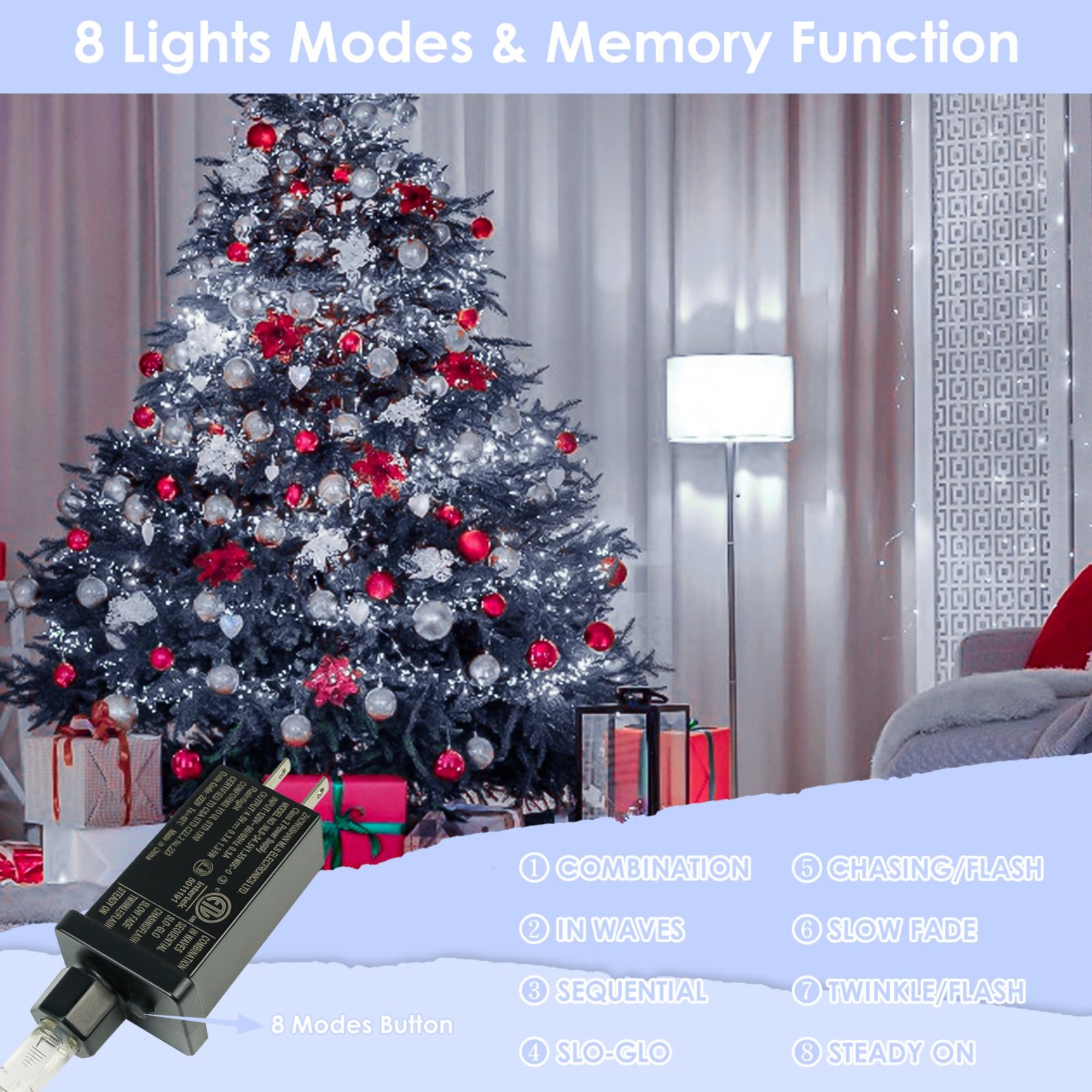 BHCLIGHT 66Ft 200 LED Fairy Lights, Waterproof Copper Wire String Lights, 8 Modes, Cool White, Model MLS-D4.5V1.35WUC-O