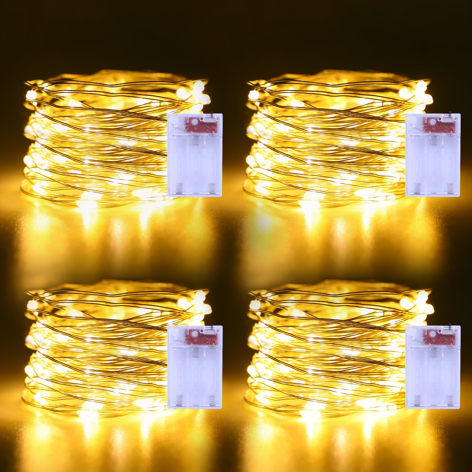 echosari 4 Pack Fairy Lights Battery Operated 16.4Ft 50 LEDs Silver Copper Wire Warm White Indoor Outdoor Decorations