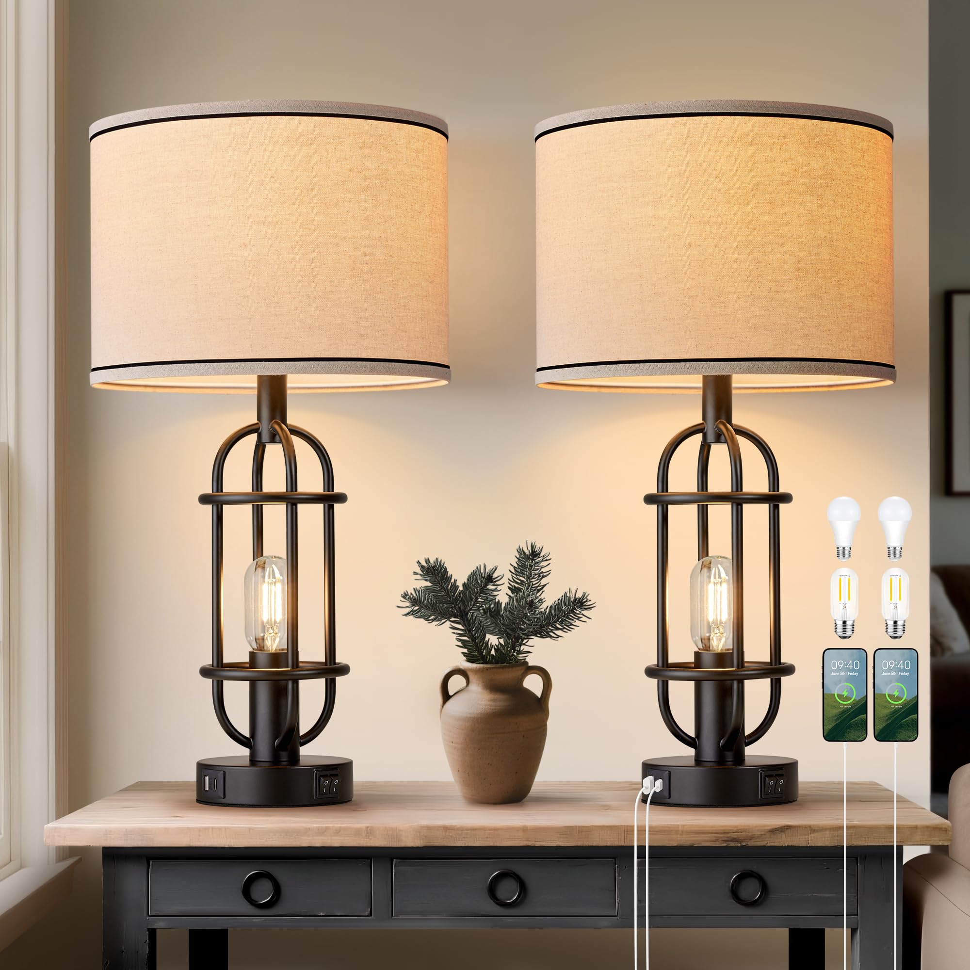 Reaketon Black Table Lamps for Living Room Set of 2, 22.3 Farmhouse Lamps for Nightstand, Industrial Table Lamps for Bedroom wit
