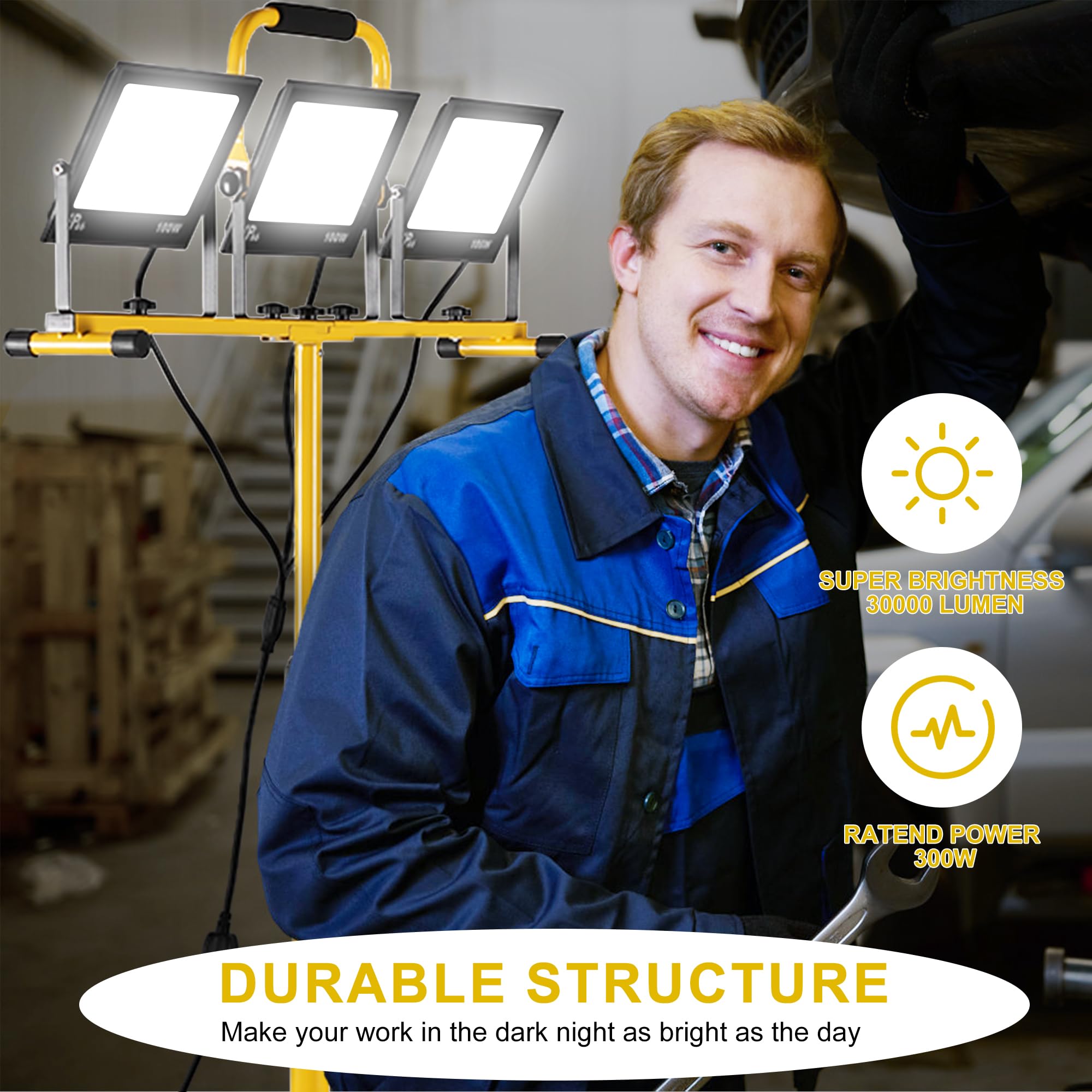 30000 Lumen Work Lights With Stand, 3 Adjustable Head Led Work Light, With Adjustable And Foldable Tripod Stand, Waterproof Lamp With 6500 Kelvin Color Temperature