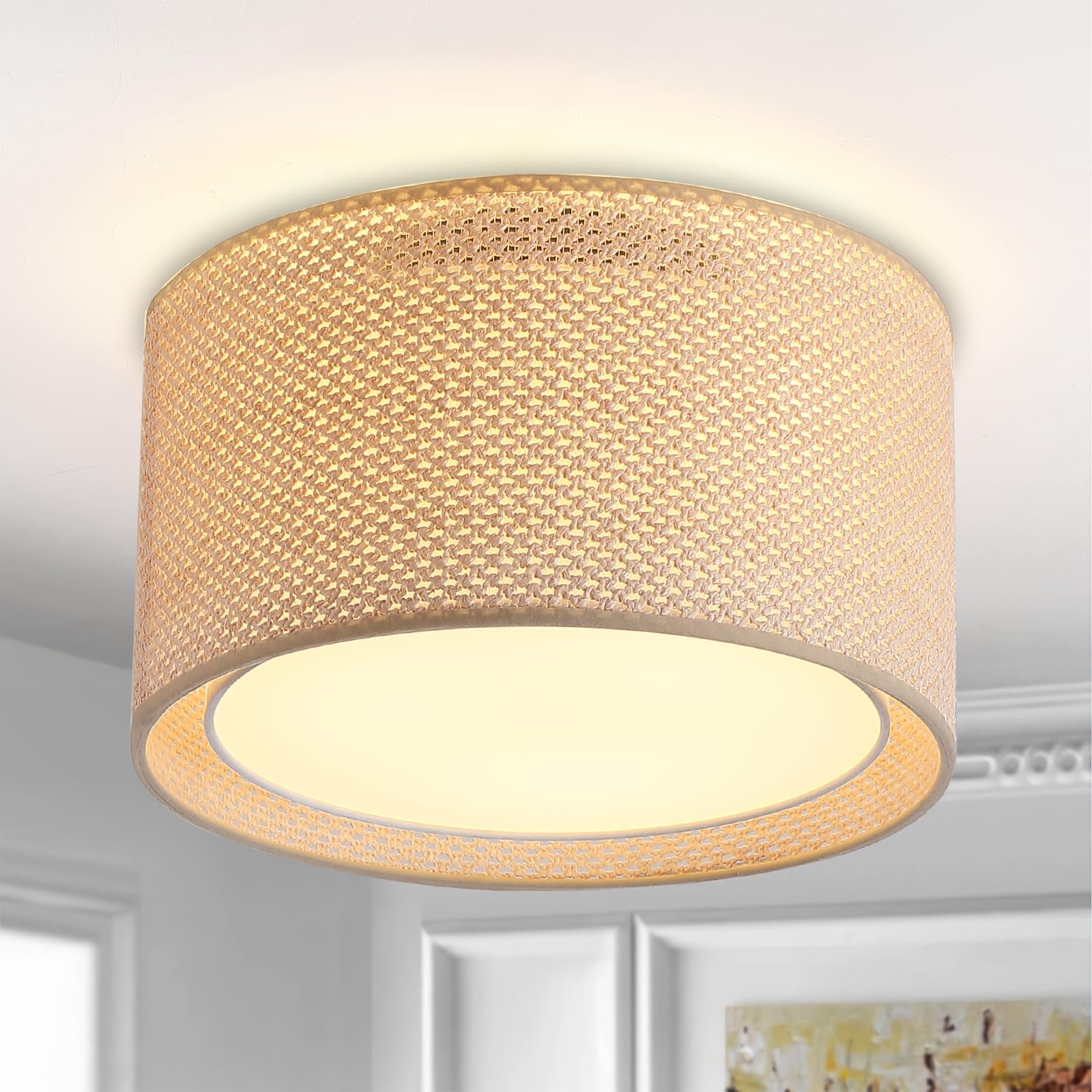 JIWUZHI Boho Light Fixtures 12.6 Flush Mount Ceiling Lights Drum Light Fixture with Double Shade 3-Lights Close to Ceiling Lamps for Bedroom Living Room Dining Room Hallway Entryway Kitchen