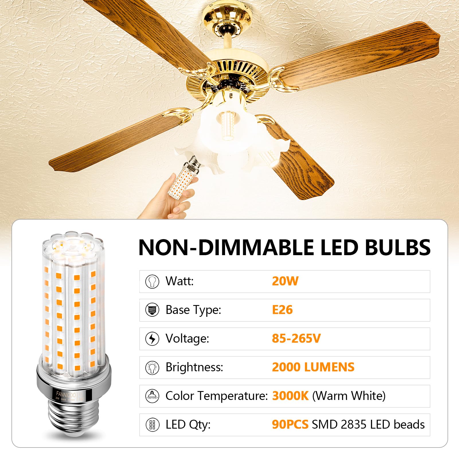 FanNicoo LED Corn Light Bulb 20W, 150W Equivalent, 2000 Lumen, E26 Base, Warm White, Non-Dimmable, Pack of 6