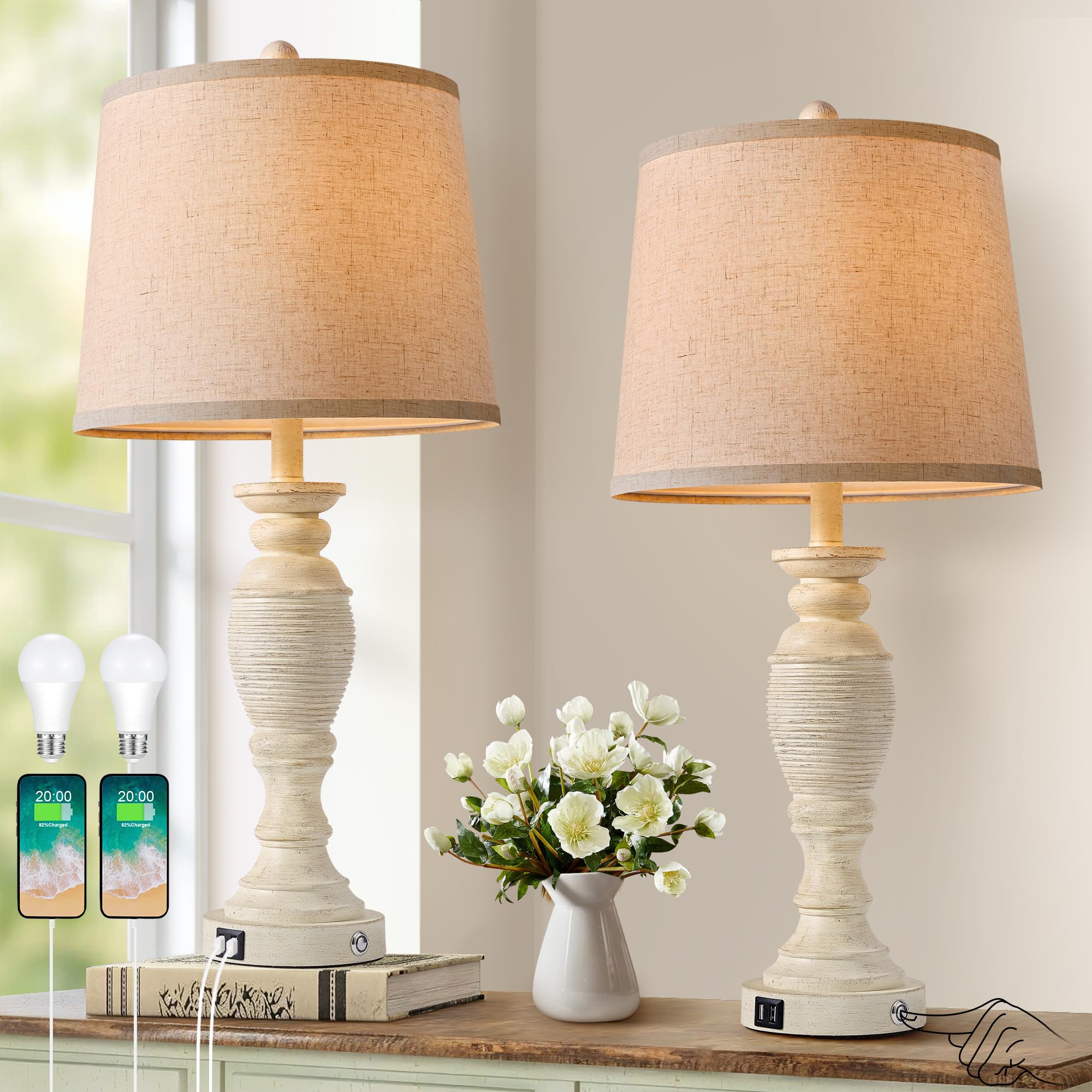 Ireliare 27.7'' Touch Lamps For Living Room Set Of 2, Farmhouse Table Lamps With Usb Ports, Bedroom Lamps For Nightstand, 2 Bulb
