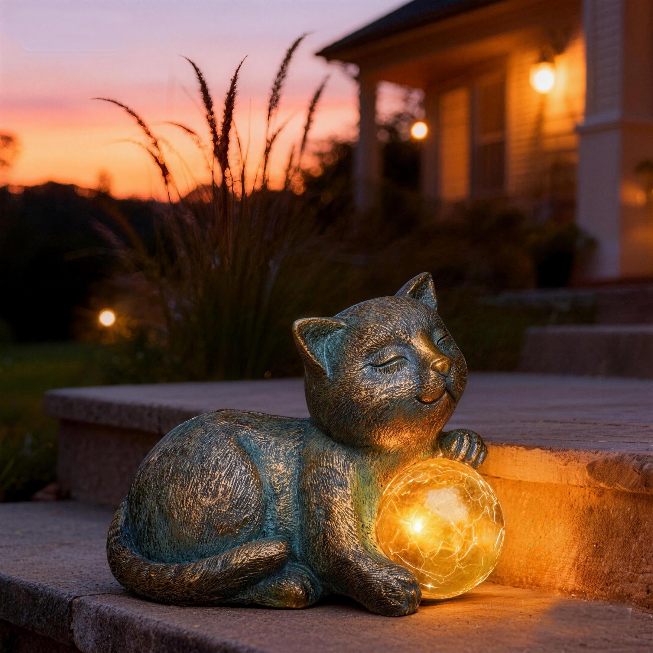 zuzuzen Solar Cat Statue with LED Lights, Solar Garden Decor, Waterproof Outdoor Cat Figurine for Yard, Patio, Balcony, Patio, N
