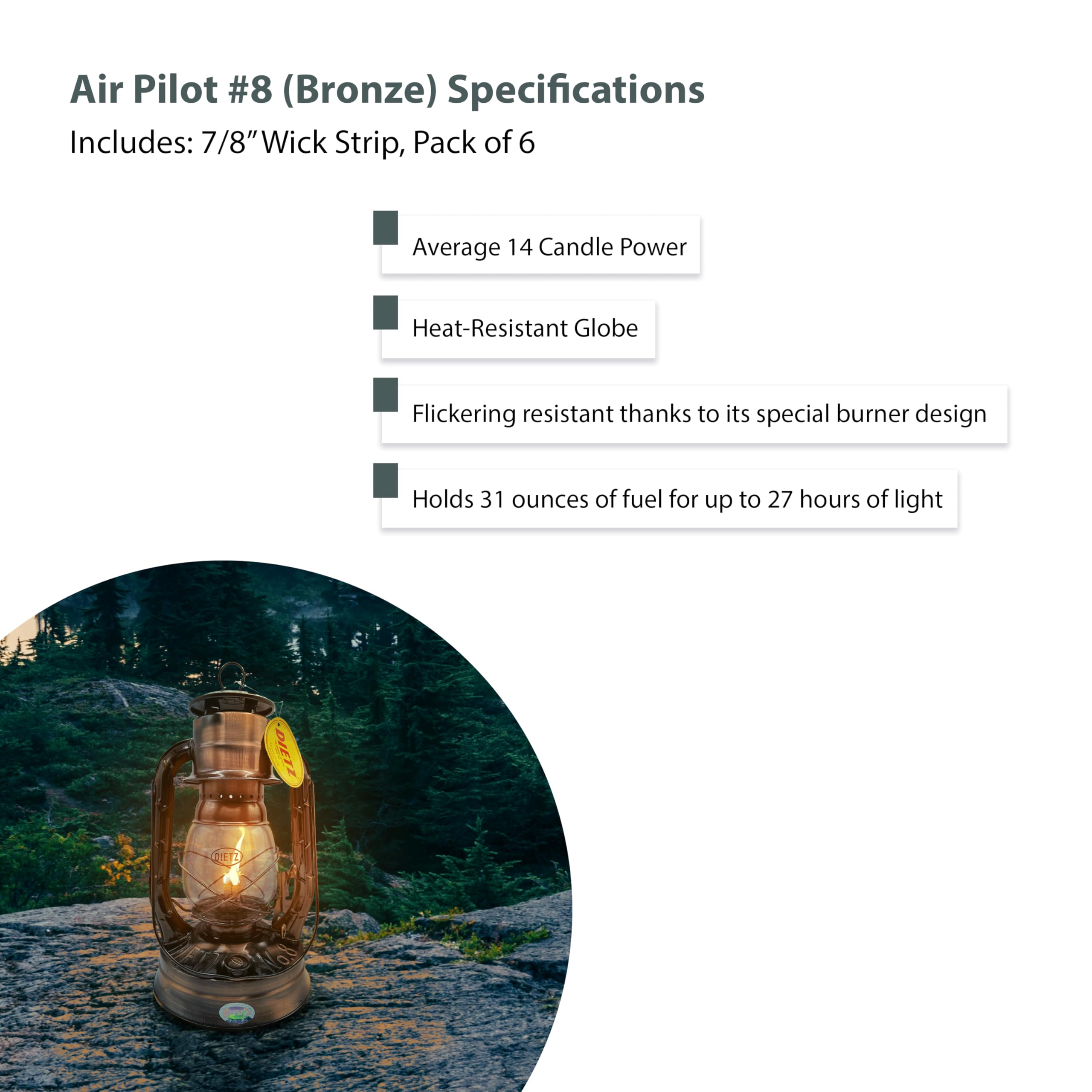 Light Of Mine - Dietz #08 Air Pilot Bronze Oil Lantern With 7/8'' Replacement Wick Strips (Bronze)