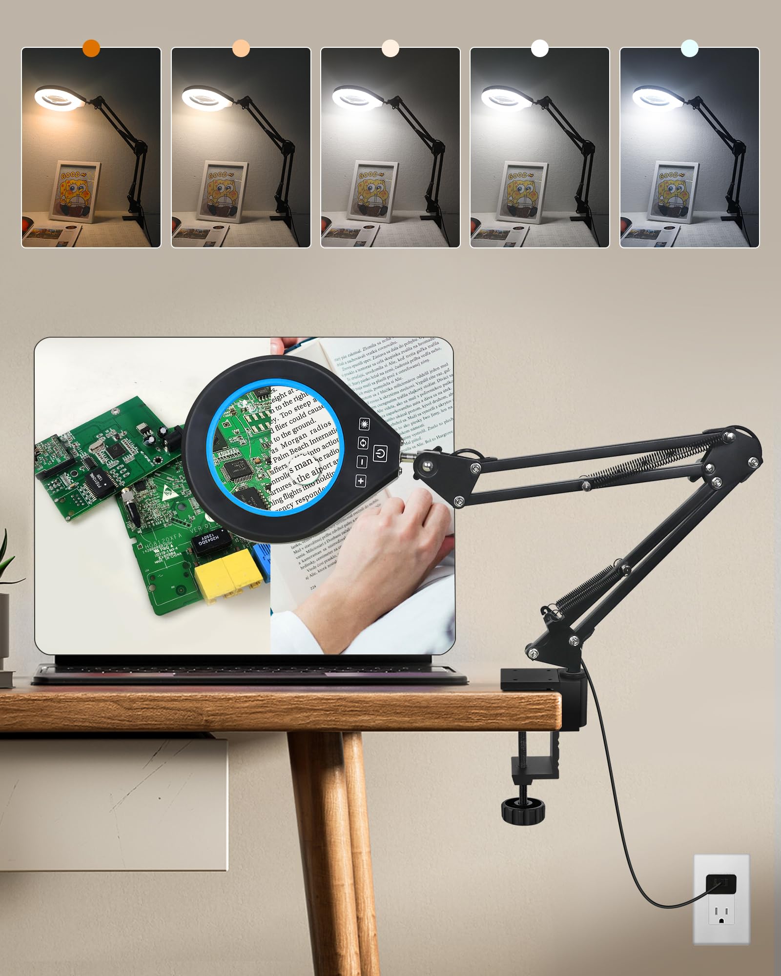 NAKOOS Magnifying Glass with Light, 10X & 5X, Real Glass, Dimmable LED Desk Lamp, Blue, WM-Series