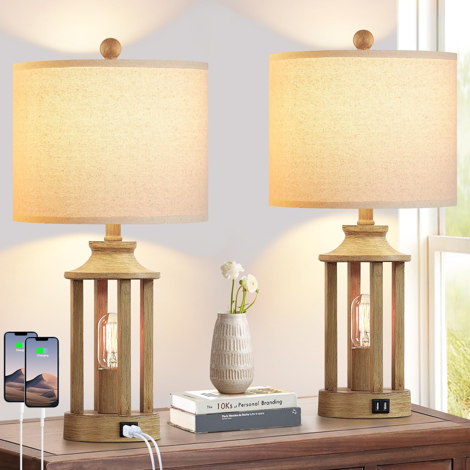 Ruzectt Touch Control Table Lamp Set of 2, 3-Way Dimmable, USB Ports, Rustic Design, Large, Wood, Model TD-RZ-148