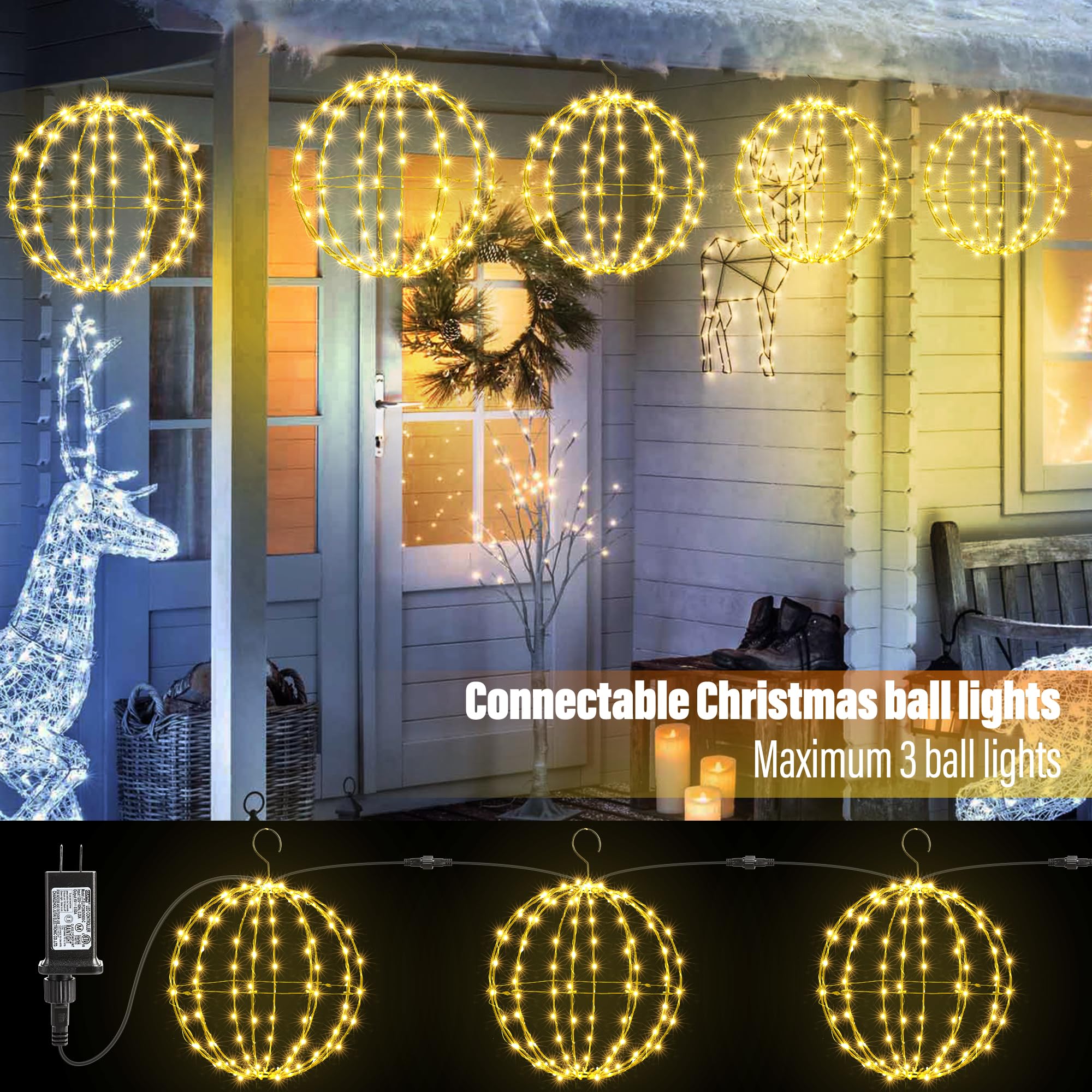 Joomer 2 Pack 12IN Christmas Ball Lights - 120 LED Waterproof Hanging Globe Lights, Warm White, Connectable with Timer, Model JT-EL/FC060V0600-C