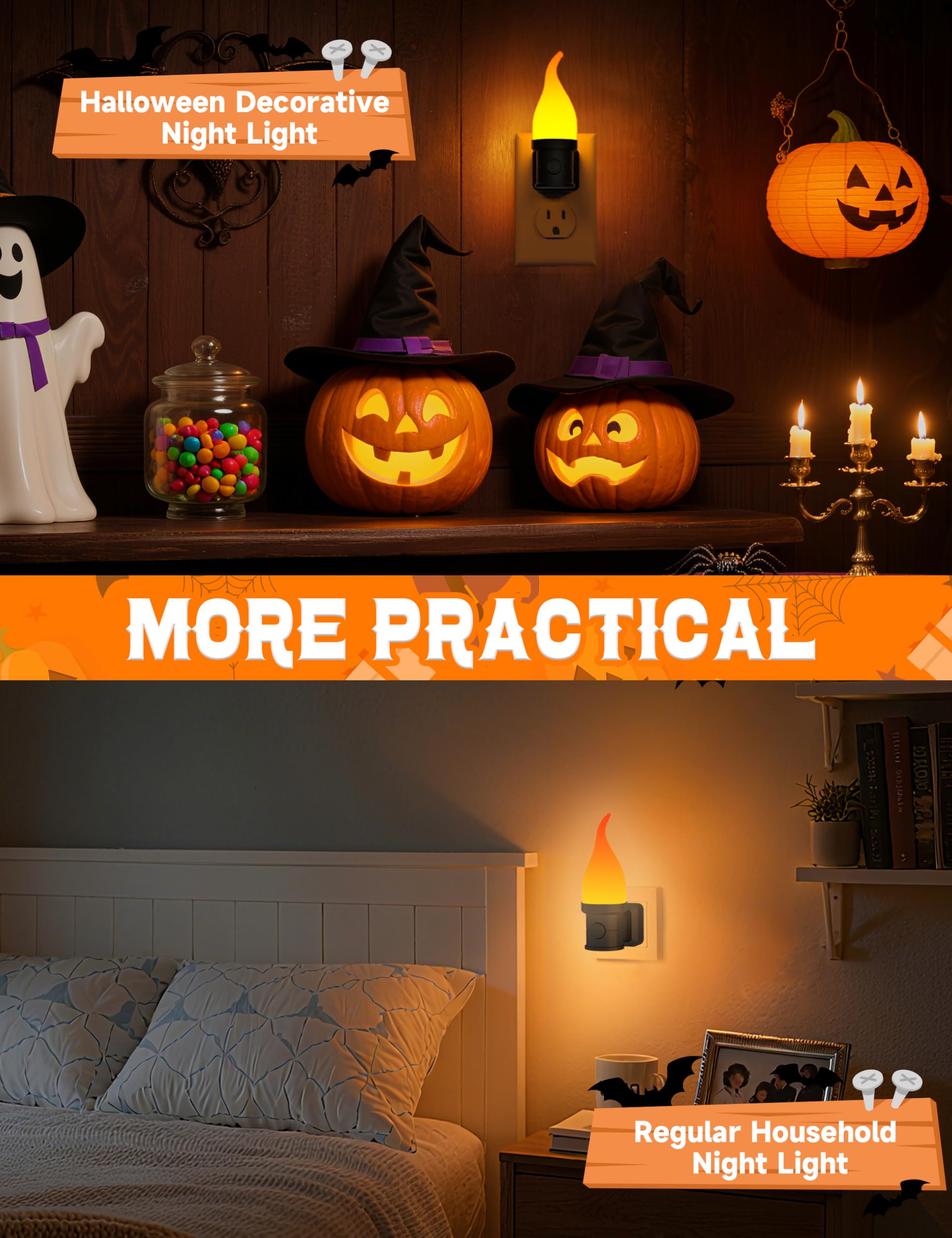 Halloween Night Lights, 3 Modes Candle Night Light Plug in with Dusk to Dawn Sensor, Flickering Flame Night Light for Party Deco