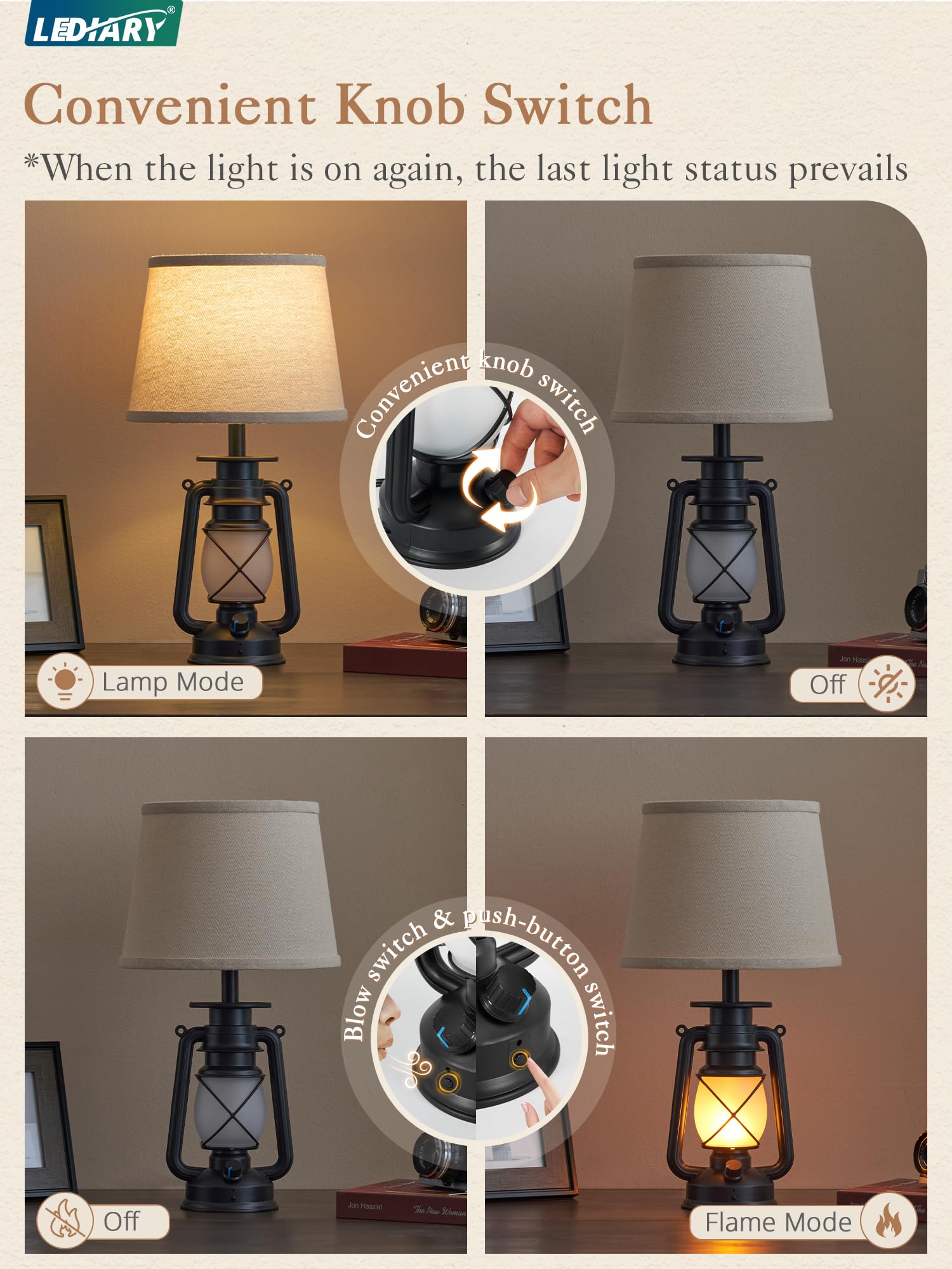 LEDIARY 18.72" Blow-Controlled LED Lantern Table Lamps, Set of 2, Rustic Black for Bedrooms & Living Room, Halloween Decorative Lighting