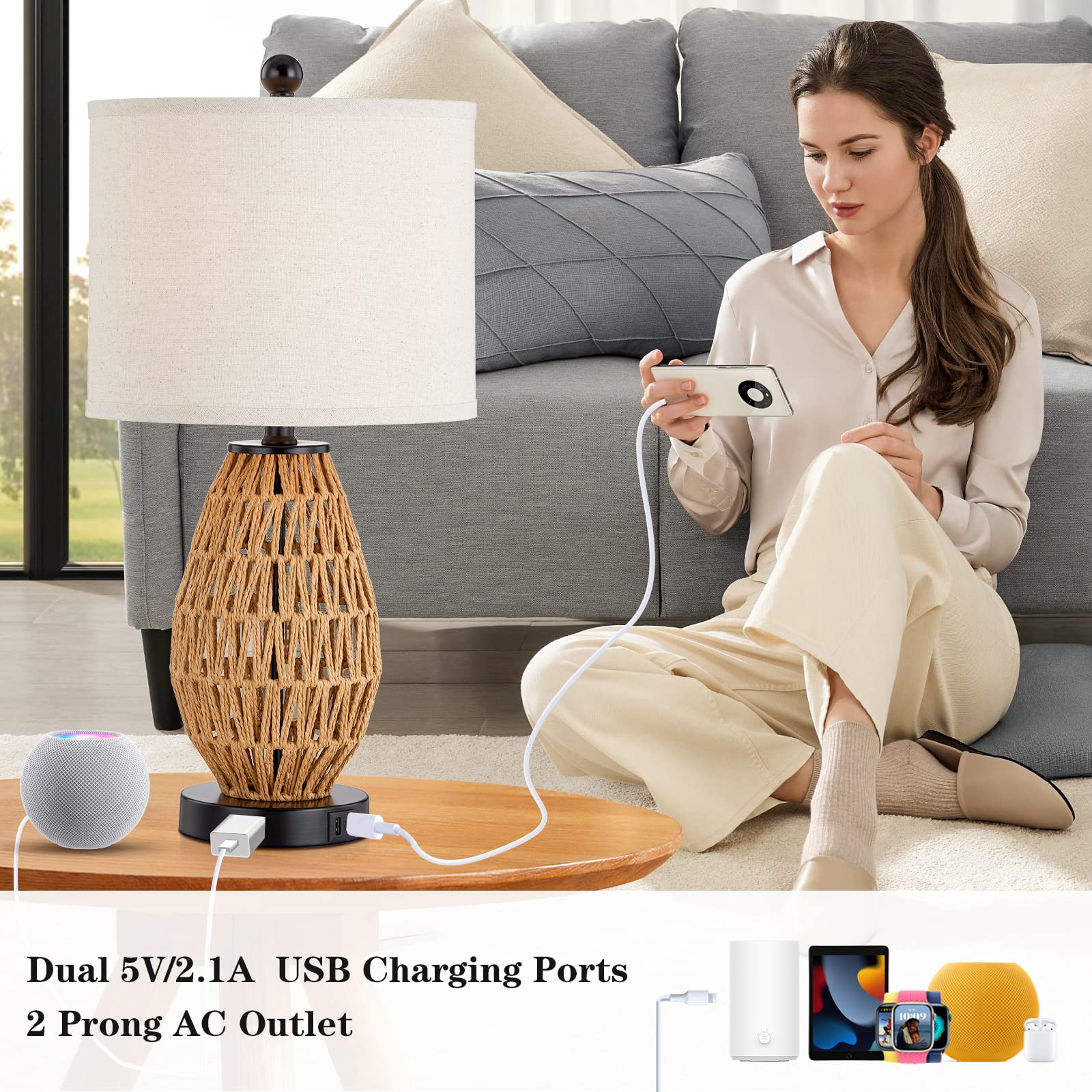 CINSARY Rattan Touch Control Table Lamp, 3-Way Dimmable, 2 USB Ports & AC Outlet, Model TD-002, Ideal for Bedroom & Living Room