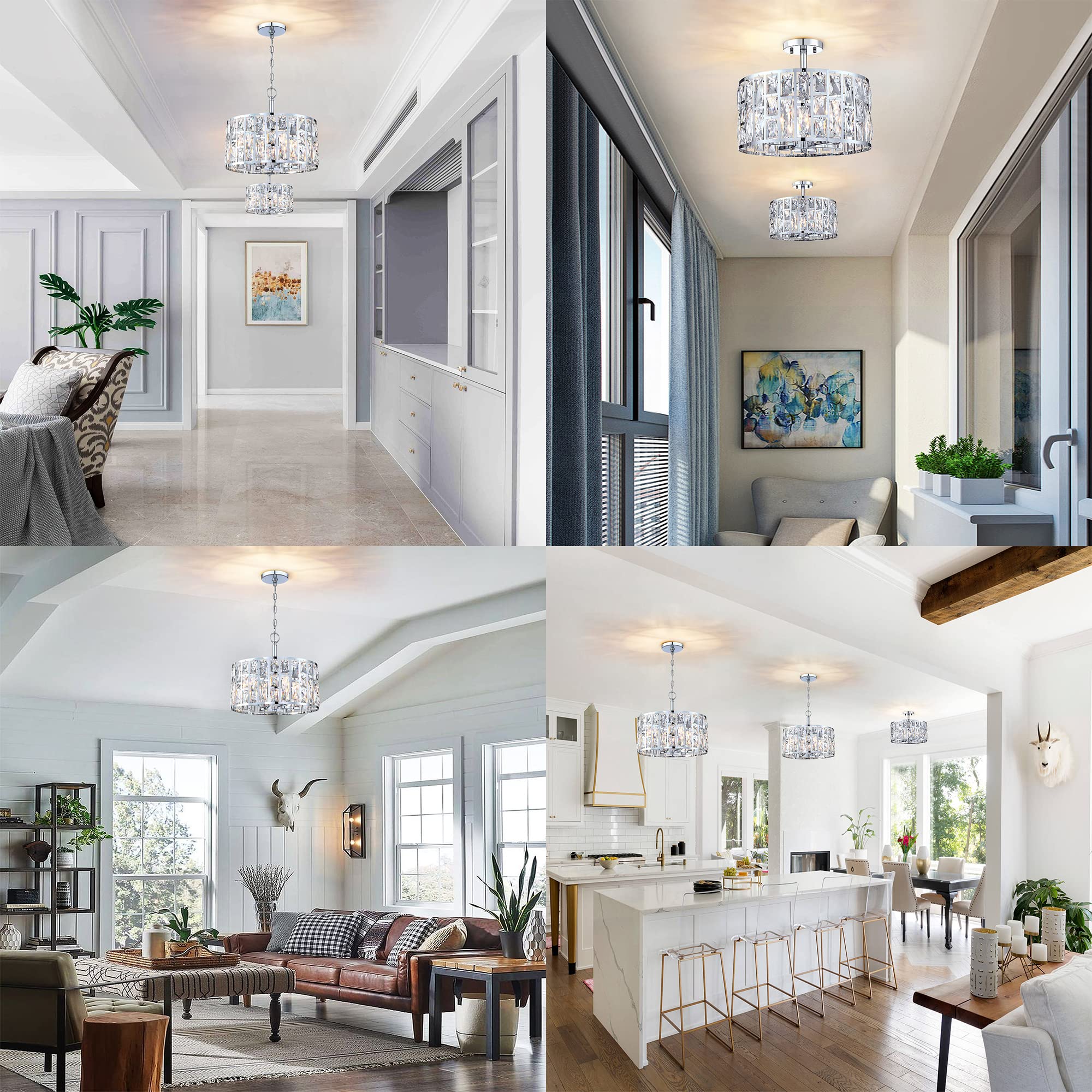 Mexo 4-Light Farmhouse Chandelier With Crystal Shade - Chrome Pendant Light For Dining Room, Kitchen