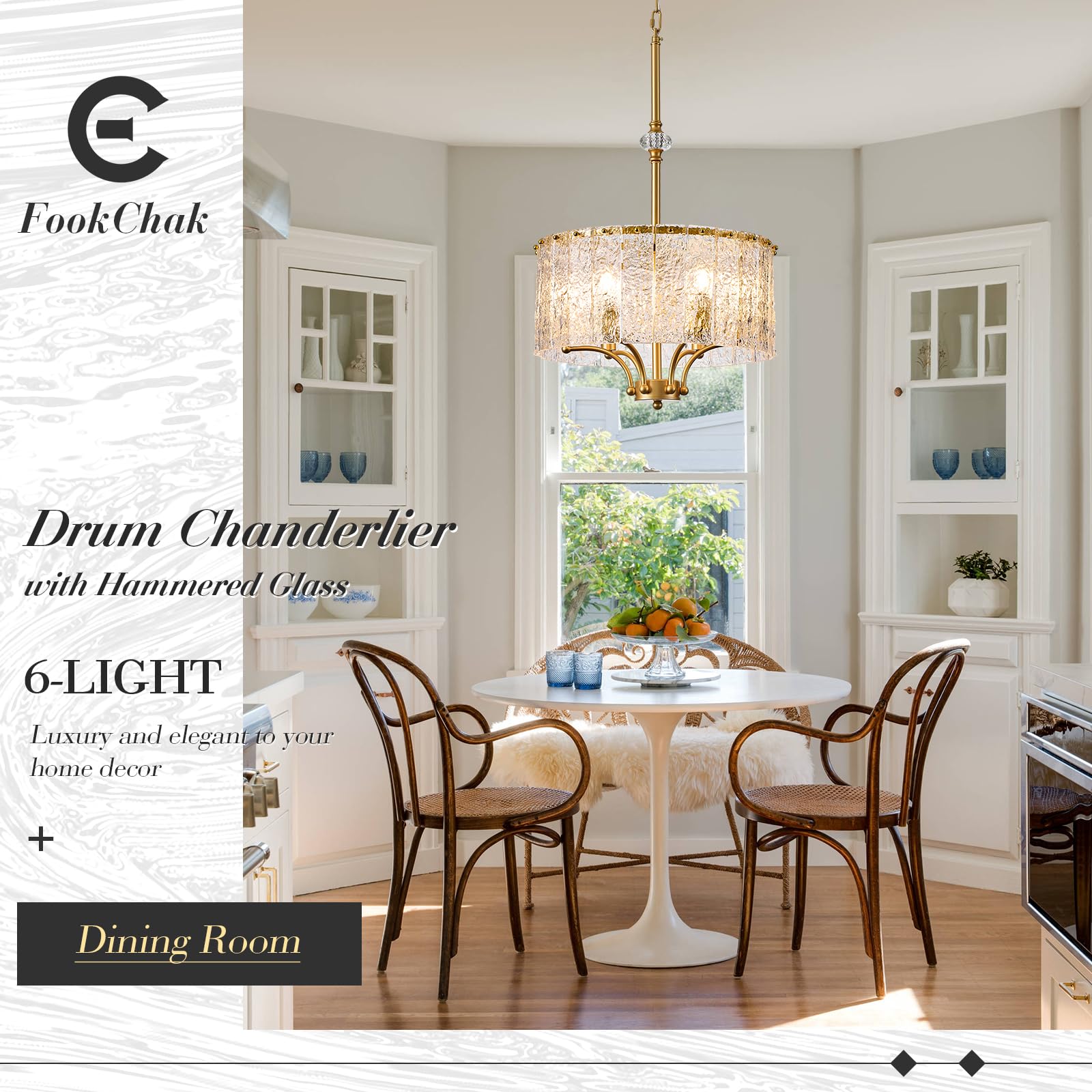 Fookchak Gold Round Chandelier 18In Glass Drum Chandelier Light Fixture 6-Light Hammered Crystal Ceiling Pendant Light For Kiche
