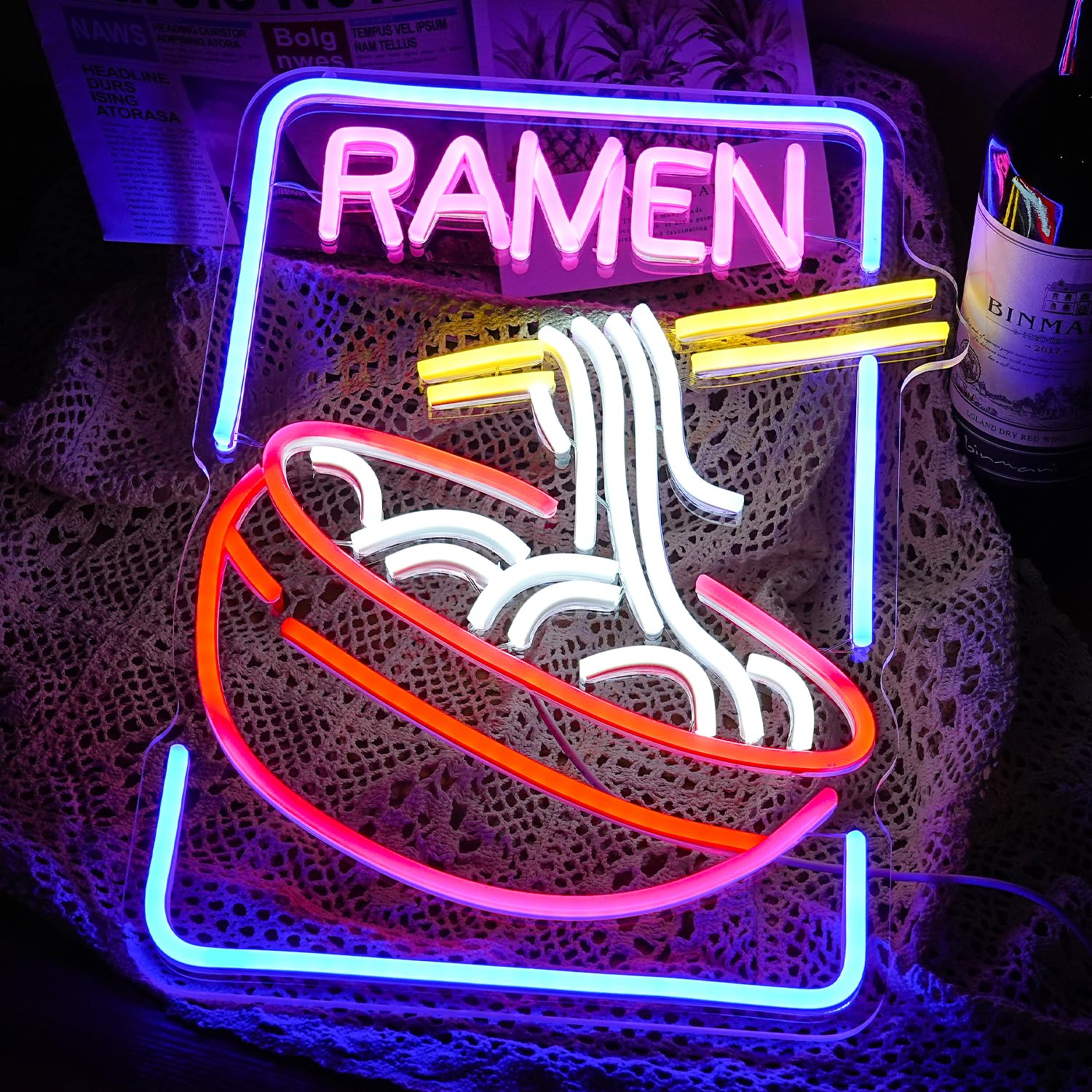 GNVETZLL Ramen Neon Sign - Noodle LED Light, Multi Colored, USB Powered, 16.5in x12in