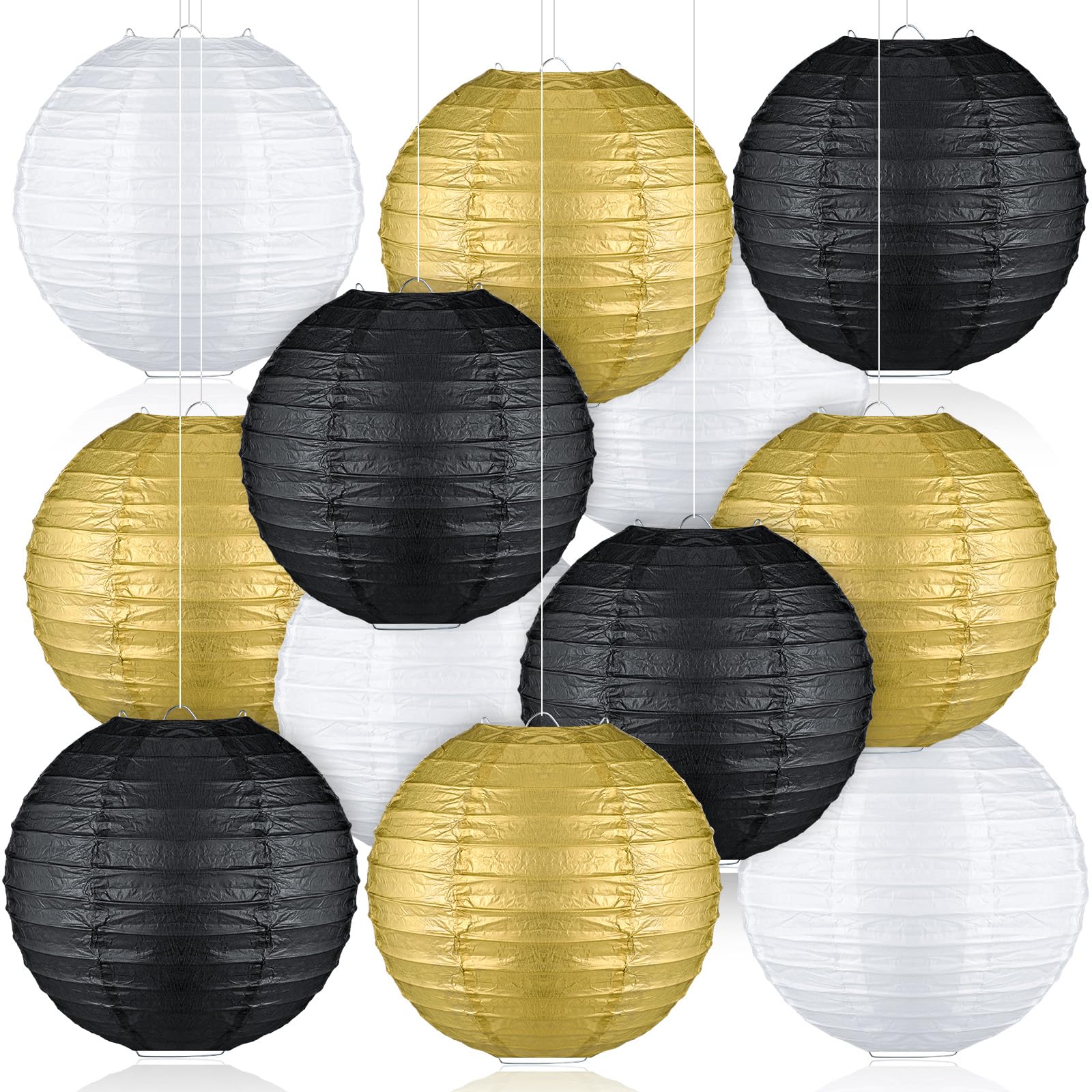 Panelee 12 Pcs Black and Gold Party Decorations Paper Lanterns 2026 Graduation Hanging Round Decorative Lanterns for Graduation 
