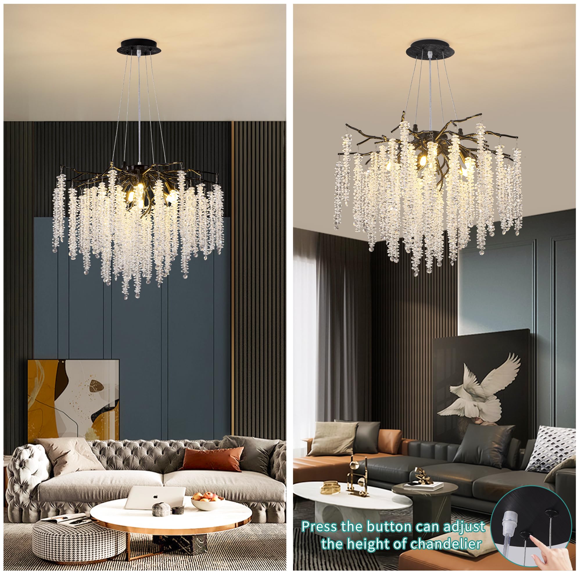 Upfelw Modern Crystal Tree Branch Chandelier, D31.5'' Black Round Raindrop Indoor Hanging Branch Chandelier Fixture For Dining R
