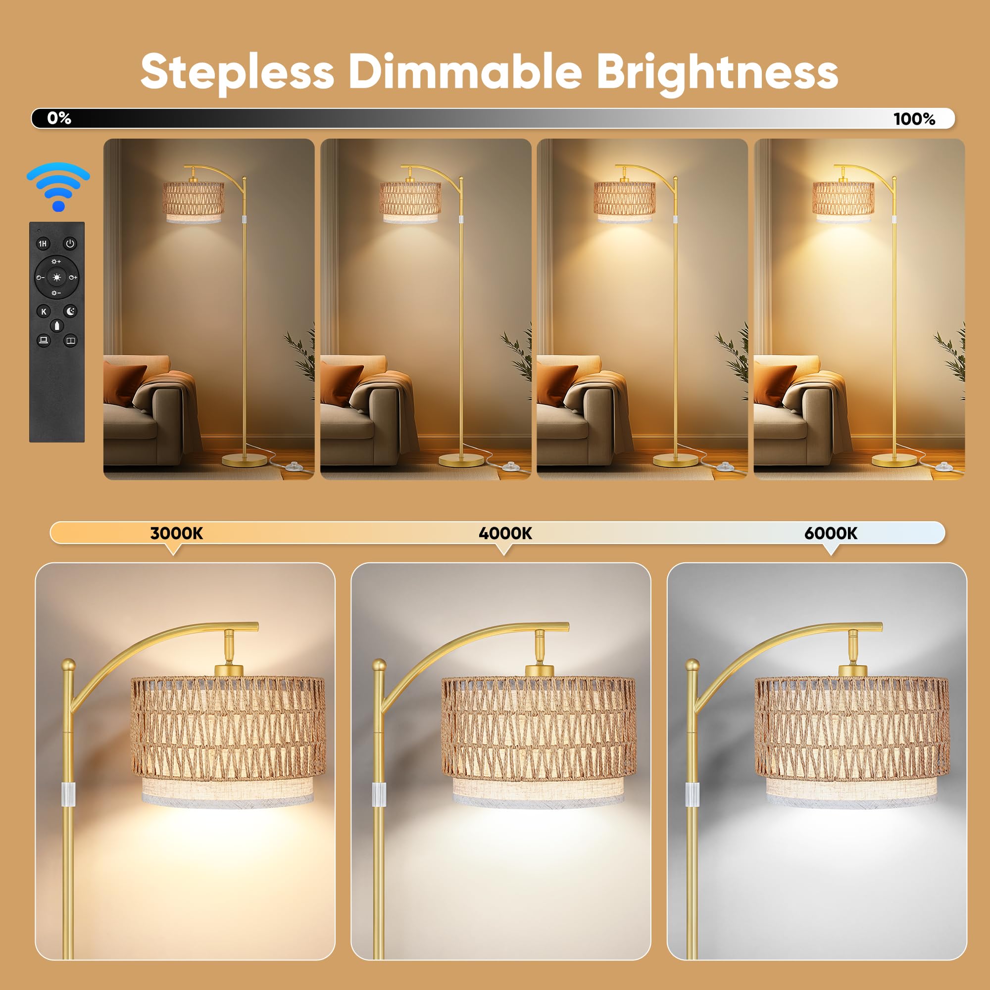 ROTTOGOON Rattan Floor Lamp, Boho Iron Arc Lamp with Linen Shades, Medium Size, Gold & Brown, Model ROFP100AJ1