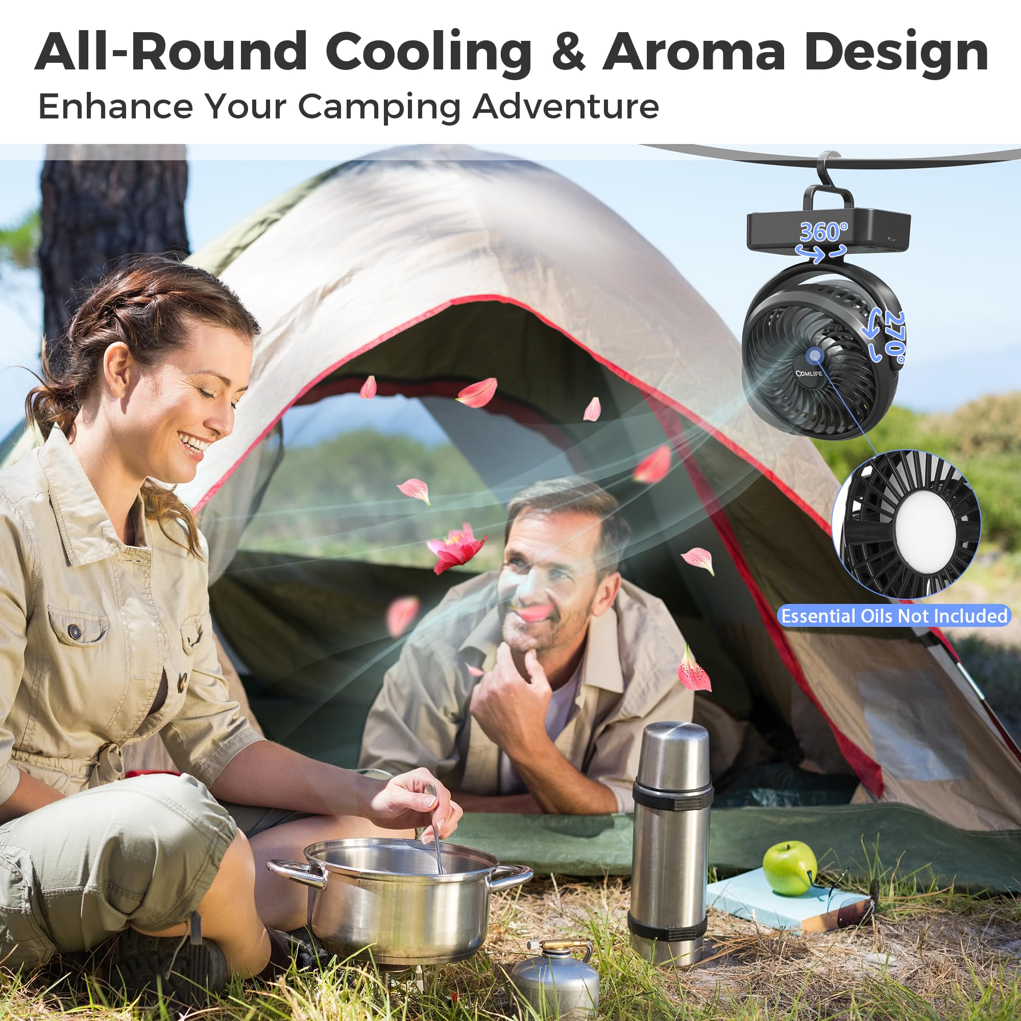 COMLIFE Camping Fan with LED Lantern, 35H Run Time, 3 Speeds, Portable, Black, 5.5 inch, Model F120