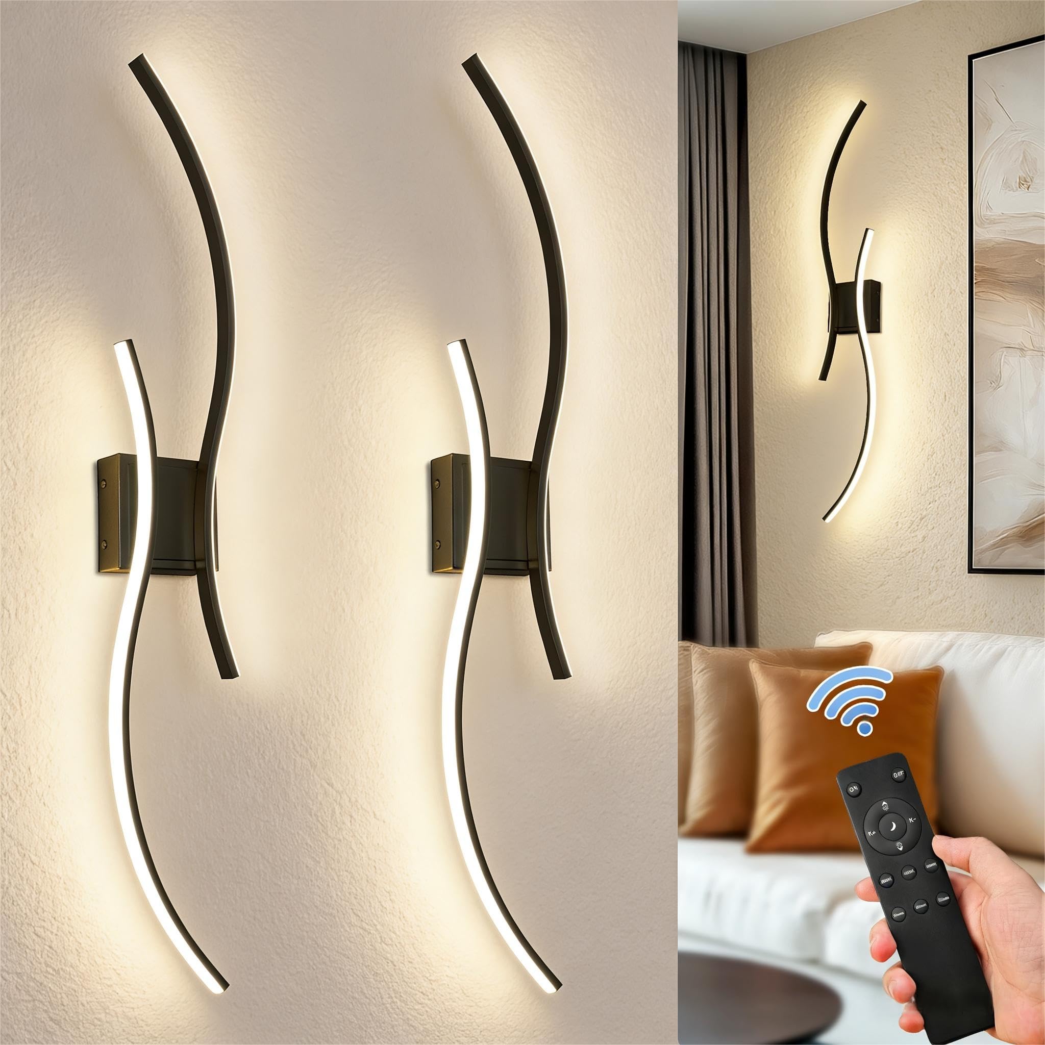 DORESshop Battery Operated Wall Sconces Set of 2  Modern Wireless Rechargeable Wall Lights with Stepless Dimming 3000k-6000K  Sconce Wall Decor for Living Room  Hallway  Bedroom  Black 39in