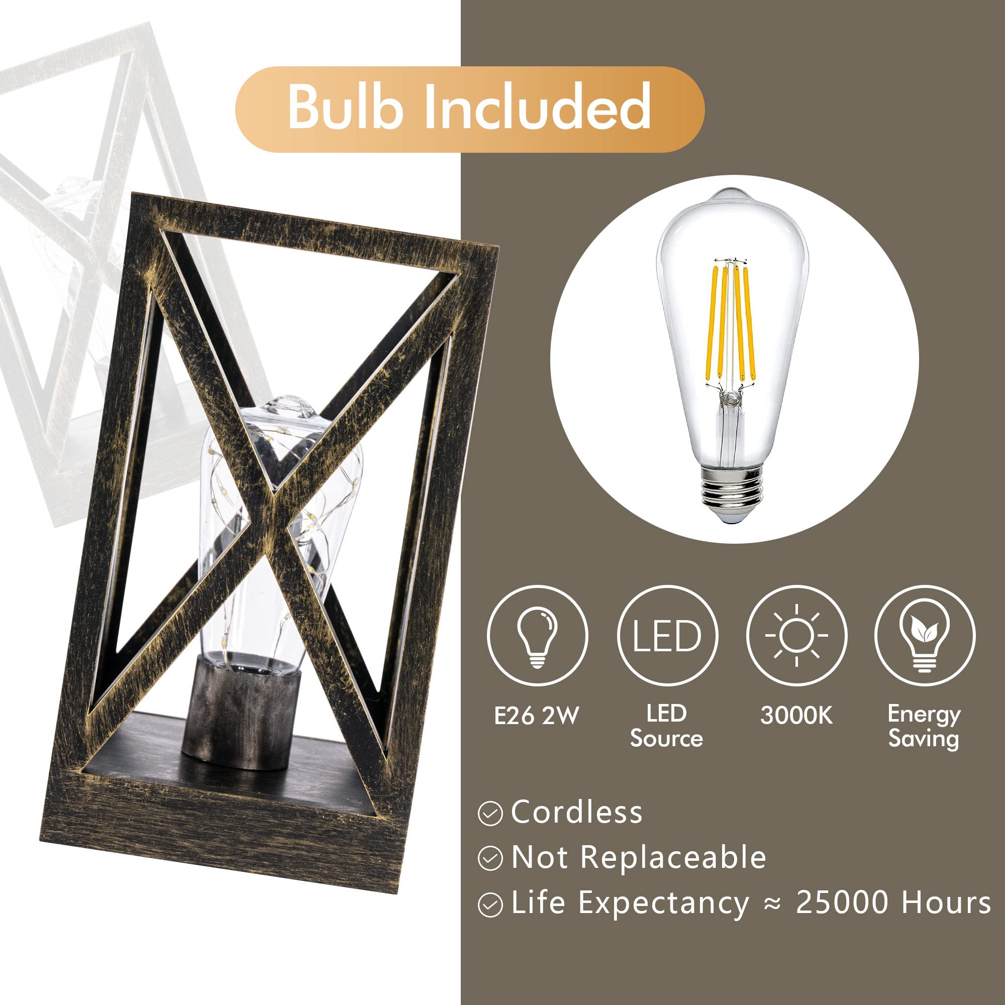 WINGBO Retro Battery Powered Table Lamps, 2-Pack, Cordless, ABS, Black & Gold Finish, Indoor/Outdoor Use