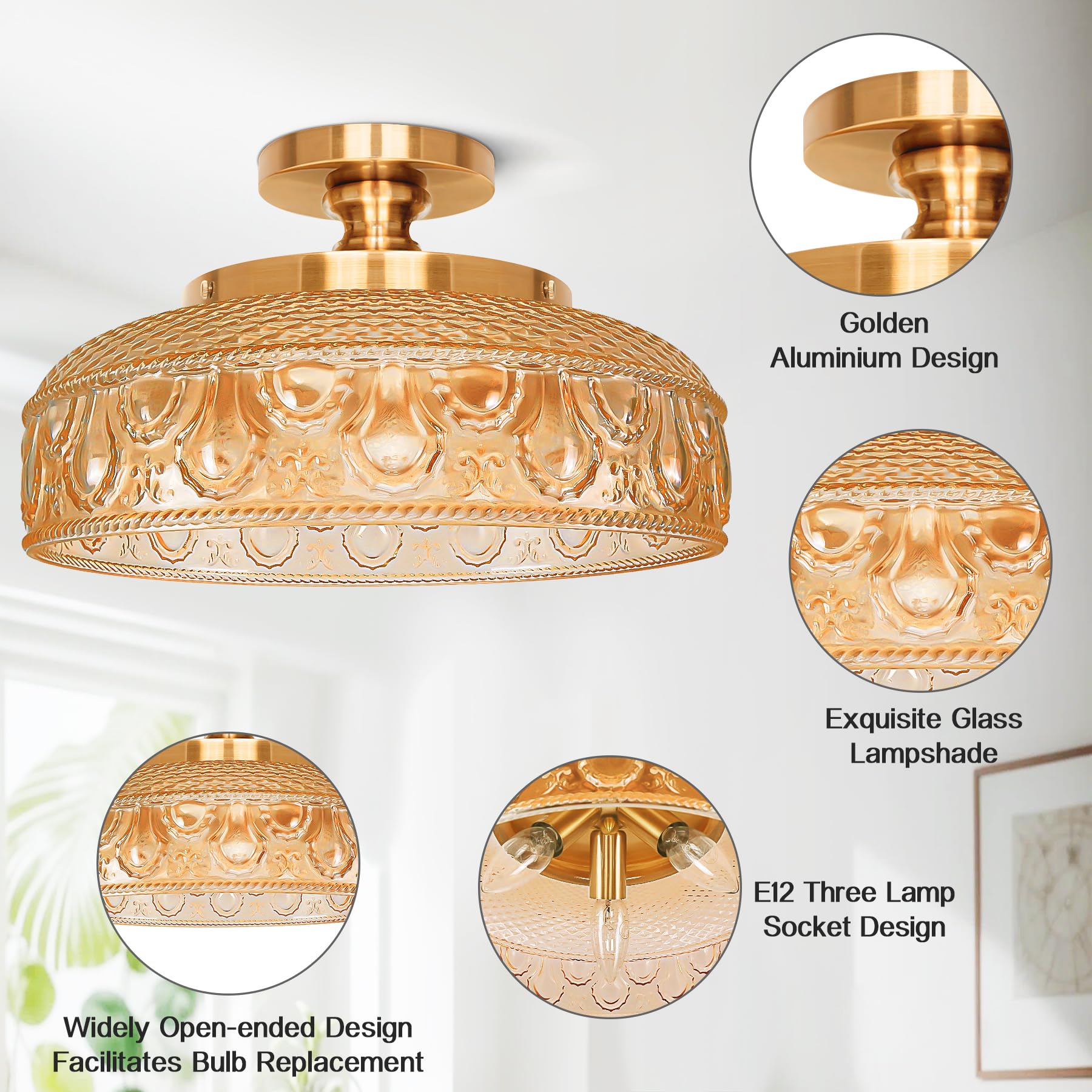 Lamomo Semi Flush Mount Ceiling Light, Upgraded Larger Hallway Light Fixture, 3-Bulb Globe Glass Close to Ceiling Scone, Amber I