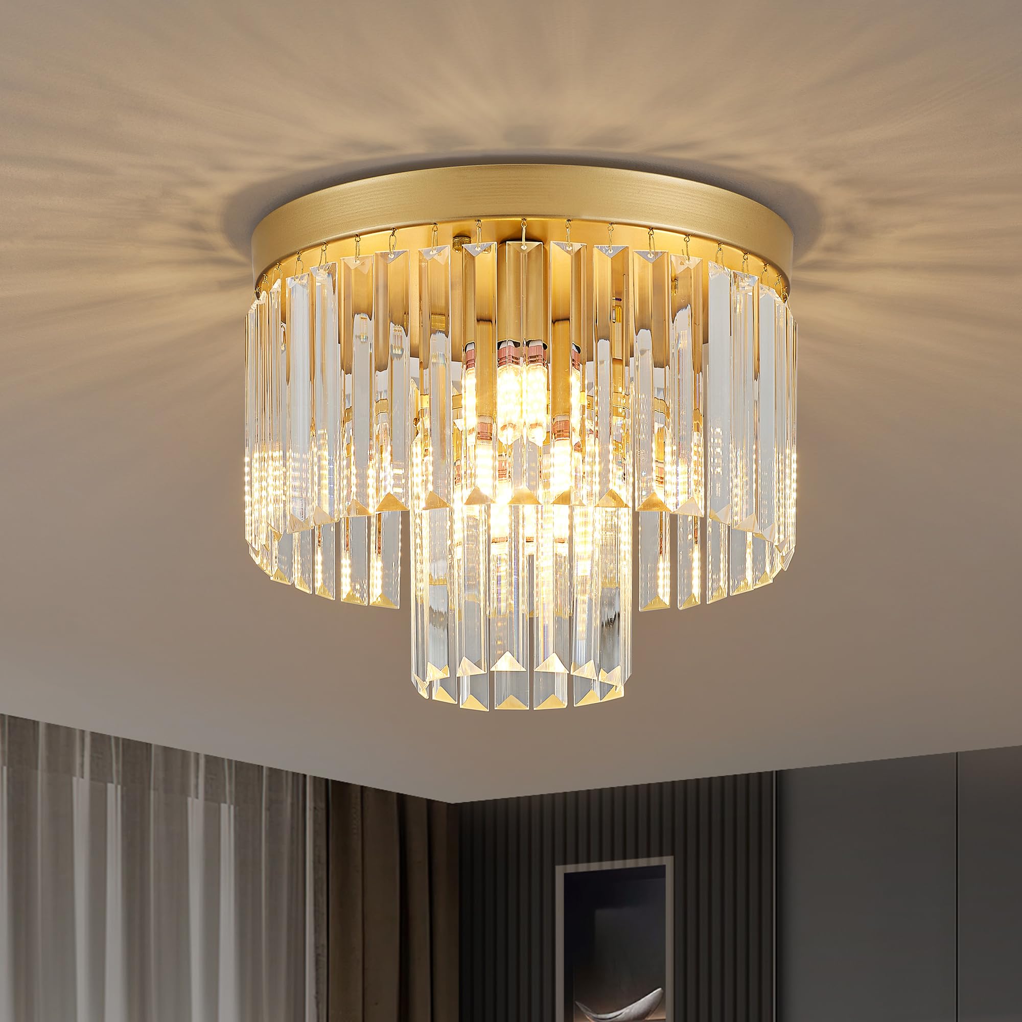 Faibra 12.6'' Gold Crystal Modern Crystal Ceiling Light Fixture, 2-Tier Luxury K9 Crystal, For Dining Room, Kitchen, Island, Liv