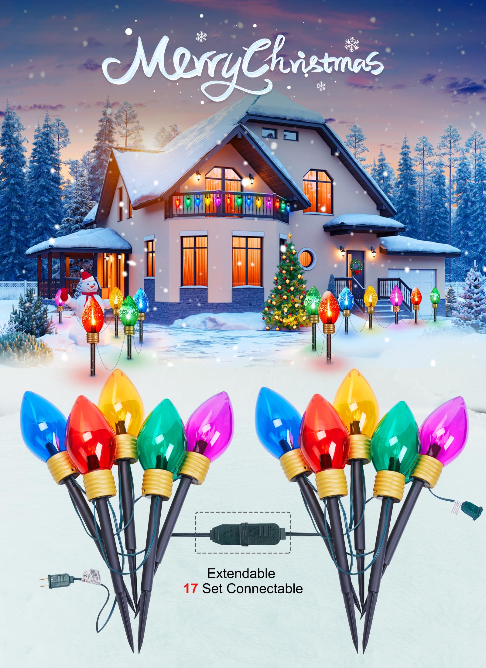 Hanging Christmas Decoration Outdoor - 8.5 Ft 5 Led Jumbo Christmas Pathway Lights, Multicolor Christmas Walkway Lights, Waterproof Giant Christmas Lights Outdoor Decoration For Holiday Roof Yard Lawn