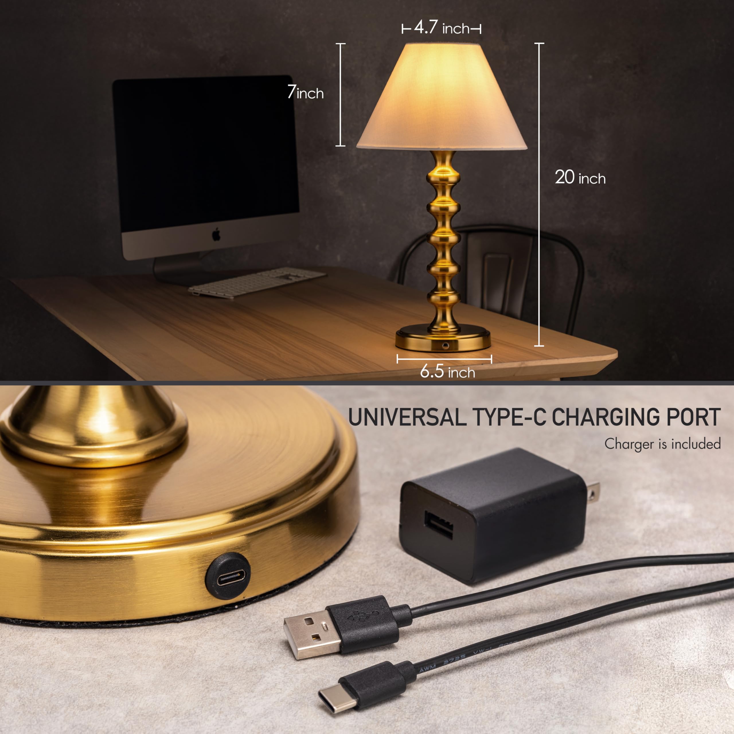 O'Bright Rechargeable Table Lamp - Antique Brass Baluster, Model OB-TL25B, Metal Construction
