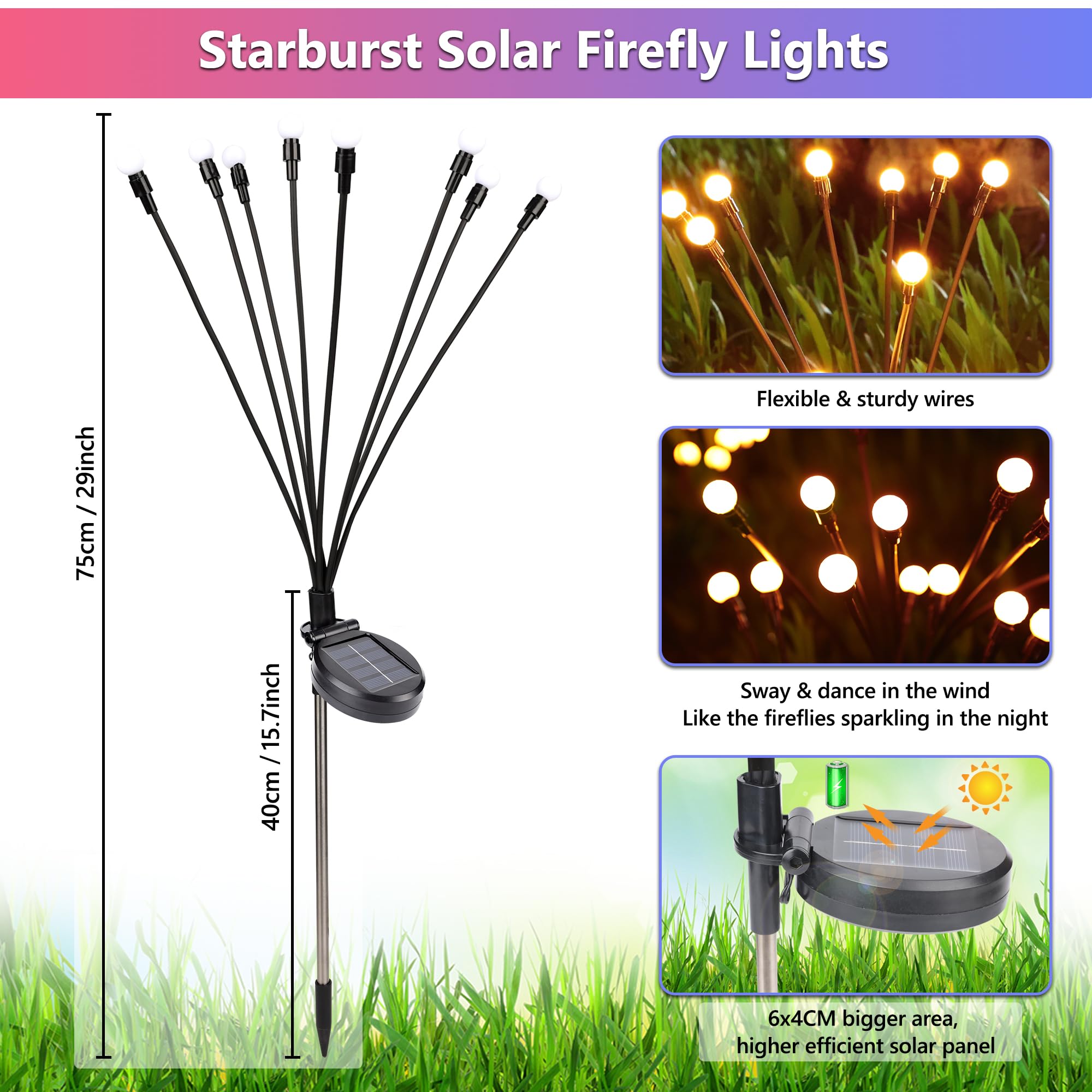 BrizLabs Solar Garden Lights, 4 Pack 32 LED, Waterproof, 2 Modes, Firefly - Warm White, for Outdoor Pathway and Patio Decor