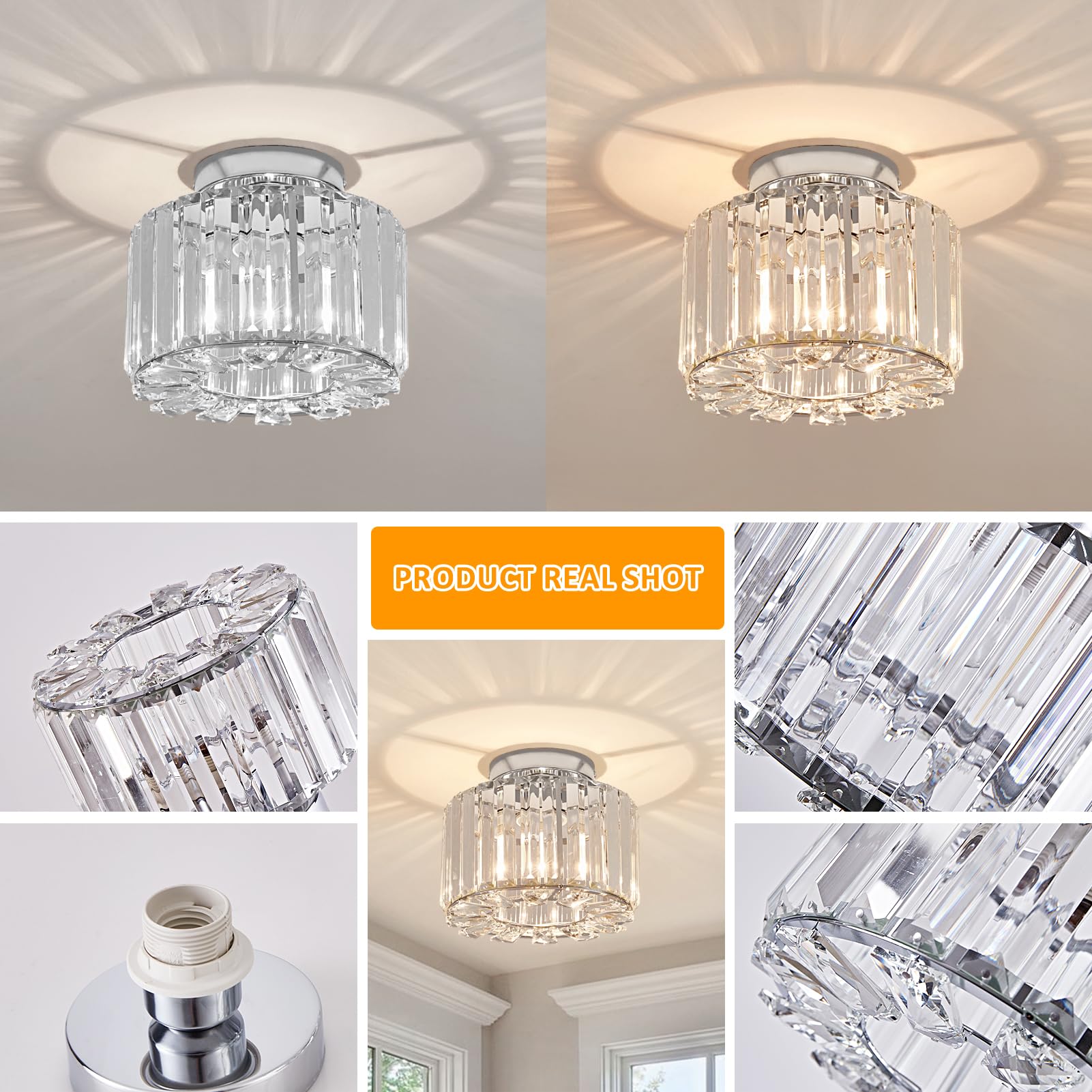 Xieyor Elegant Silver Crystal Chandelier - Modern Semi Flush Mount Ceiling Light Fixtures For Hallway, Kitchen, Bedroom, Living Room, And More