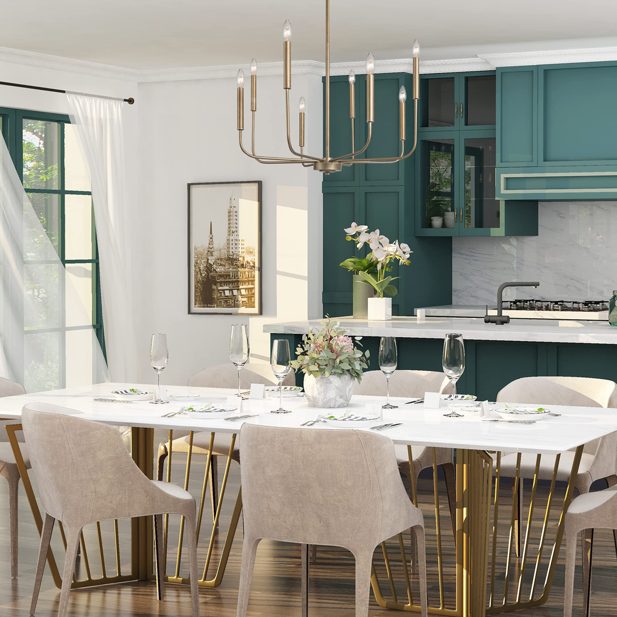 Laluz Antique Gold Chandelier, Modern Farmhouse Light Fixture For Dining Room, Bedroom, Foyer, Living Room, Kitchen Island, Entr