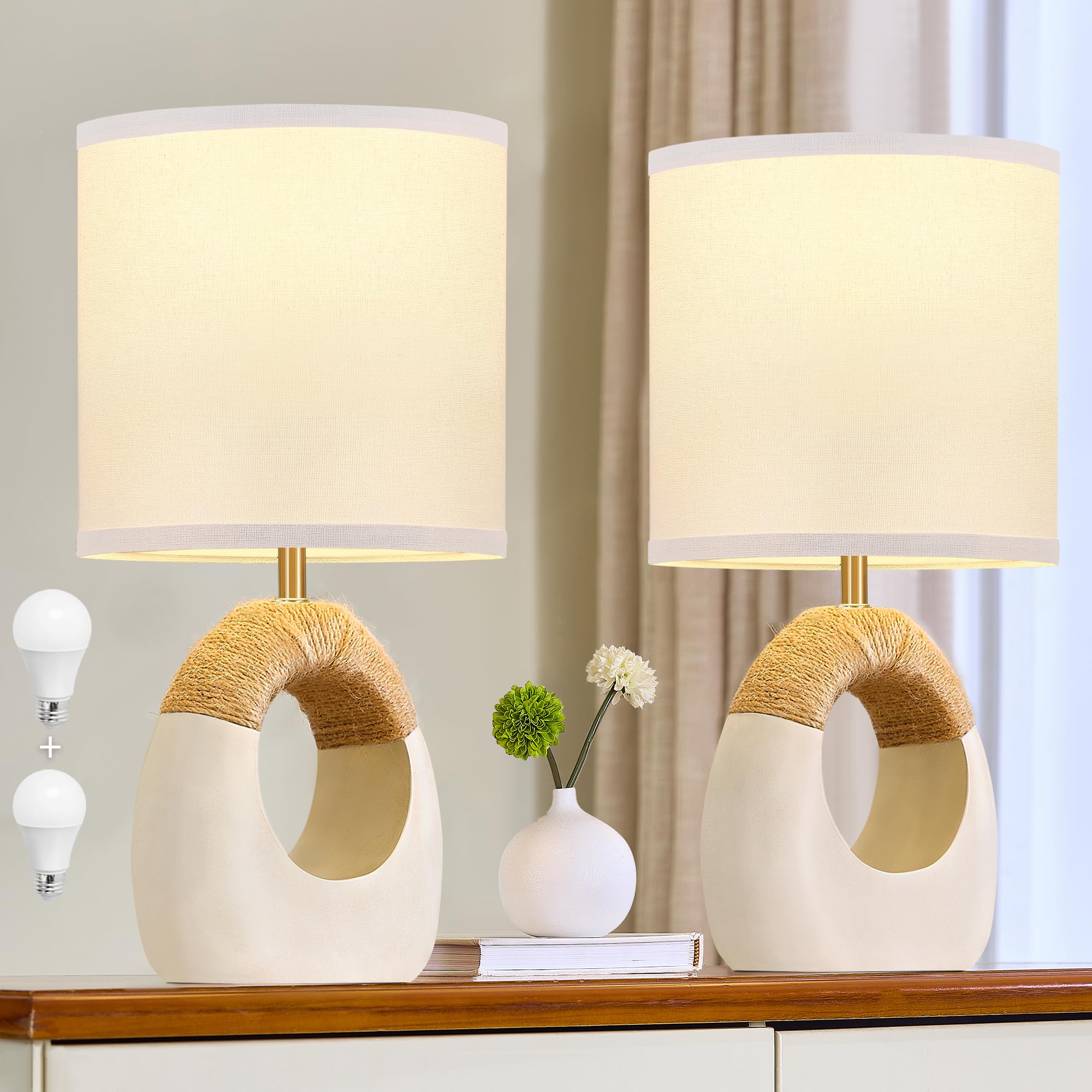 EJIAXIN Table Lamp for Bedroom Set of 2 - Bedside Table Lamps with 3 Color Temperatures - Boho Rattan Lamps for NightStands Smal