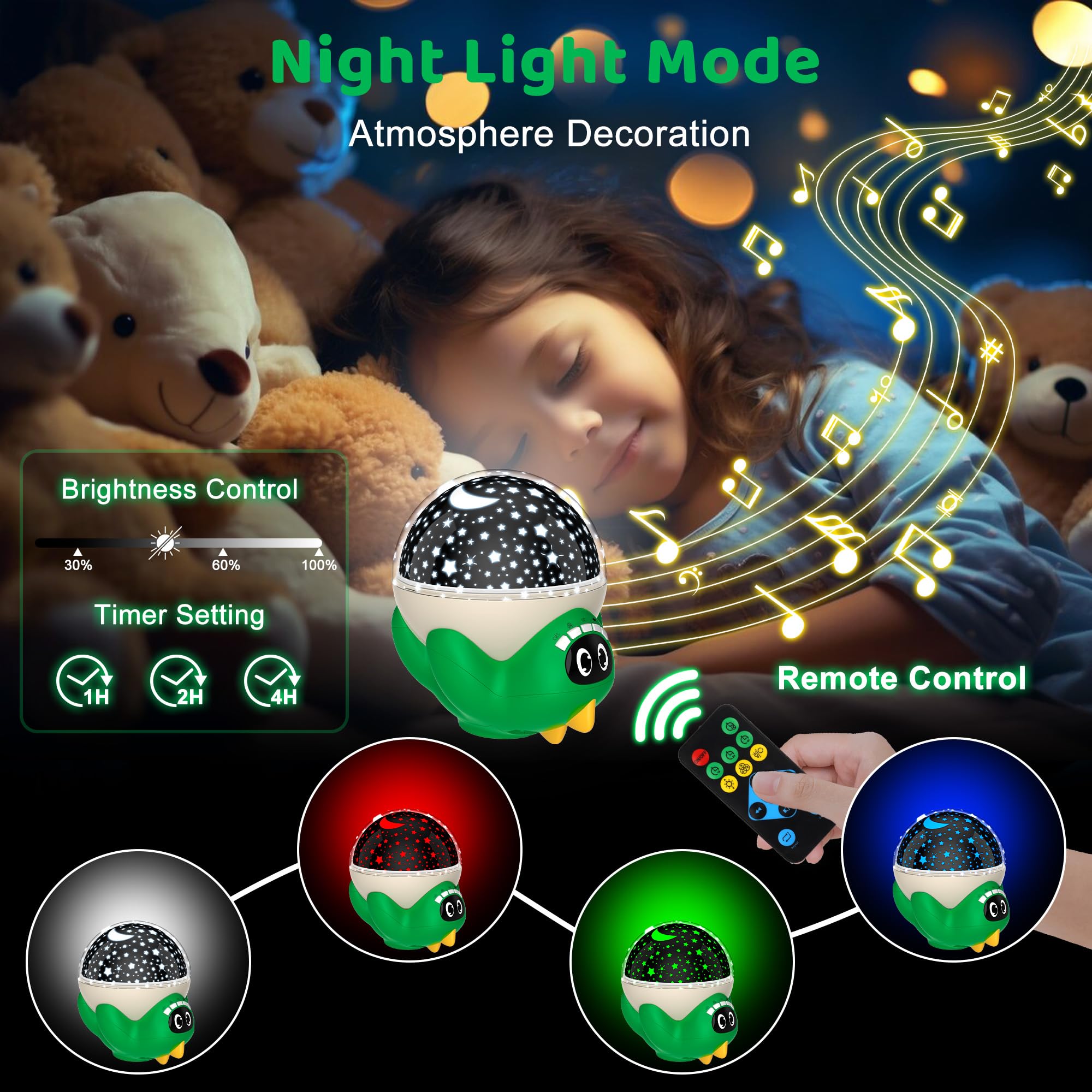 MOKOQI Dinosaur Night Light Projector for Kids, Green-Dino, Remote Control, 10 Soothing Music, Model 012-1361B