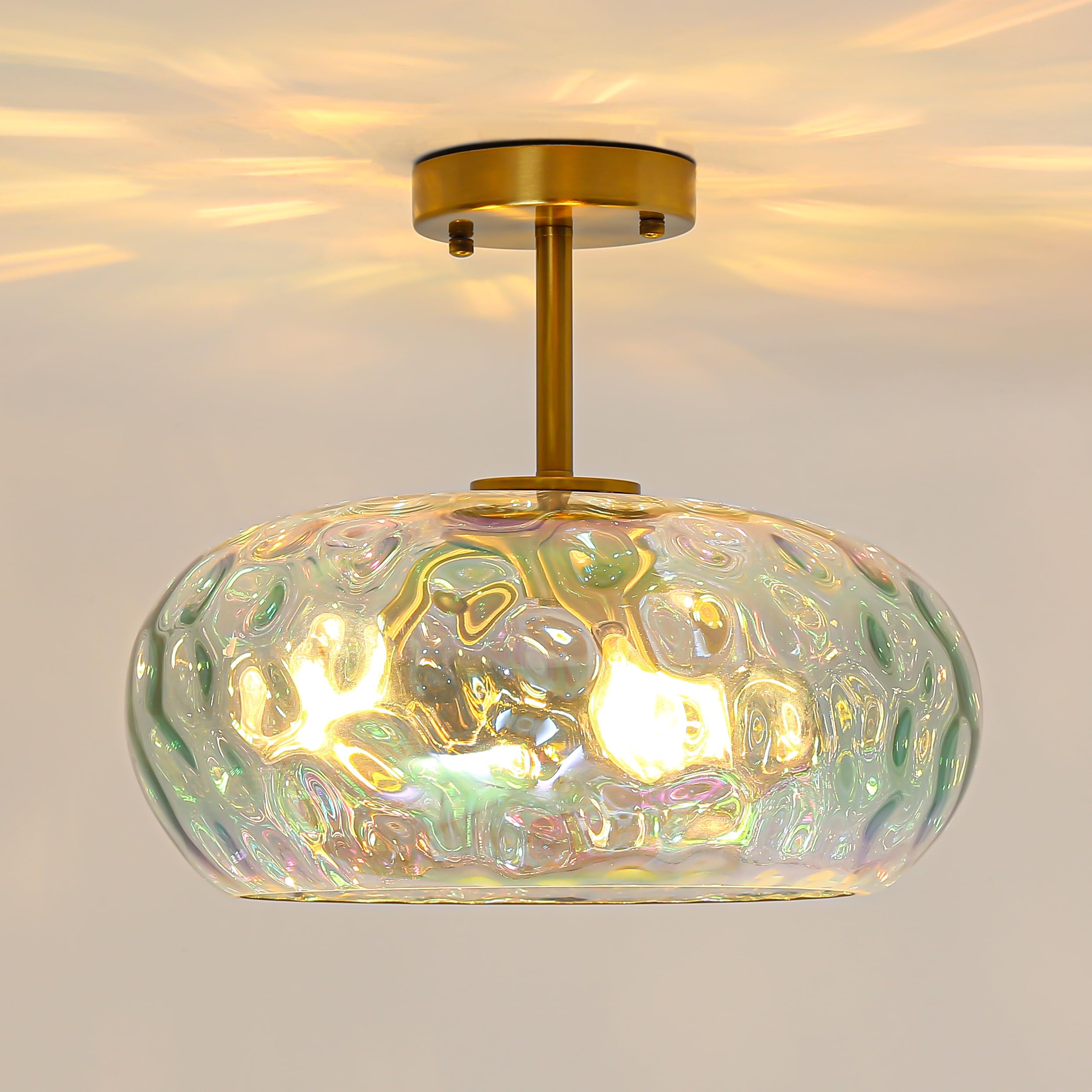 Semi Flush Mount Ceiling Light, 14'' Large 3-Lights Ceiling Light Fixture with Iridescent Hammered Glass Shade, Modern Chandelie