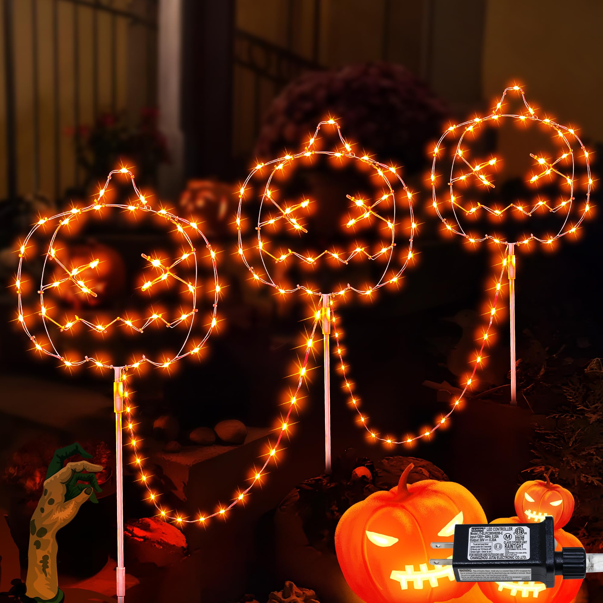 Woohaha Halloween Pumpkin Pathway Lights 163 LED Plug in Garden Outdoor Decorations Waterproof String Lights with 3 Pumpkin Stakes Light for Garden Walkway Yard Driveway Lawn Party Decor(Orange)