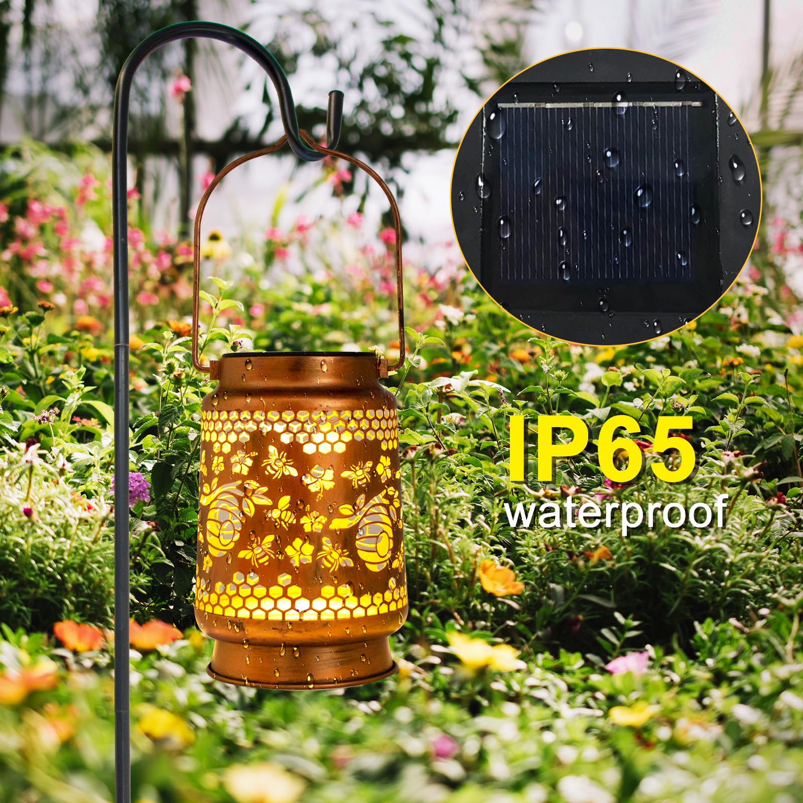 ZASOWUUO Solar Lantern - Waterproof Metal LED Light, Bronze, Model ZA-DL-BEE, Decorative Hanging for Garden, Patio, Lawn