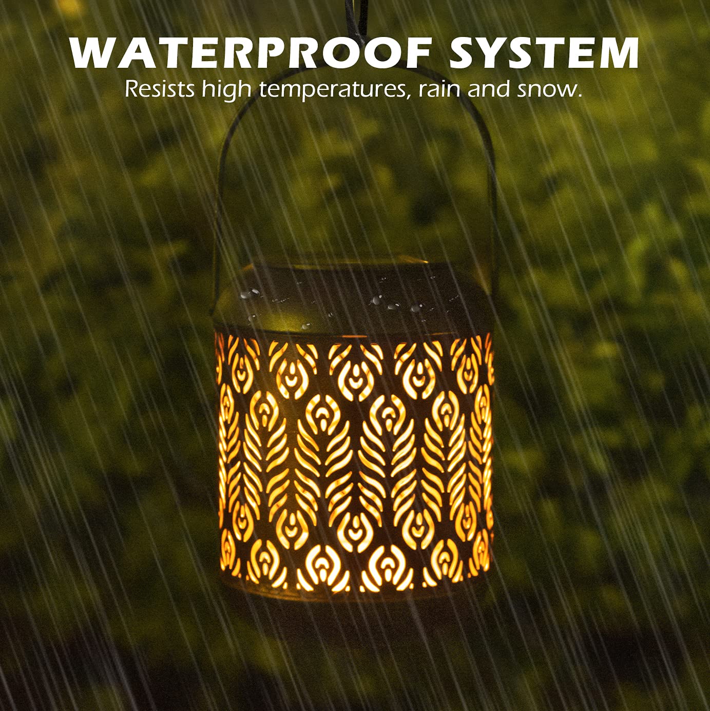 LeiDrail Solar Lanterns, Black Metal Decorative Light, Warm White LED, Waterproof, 2 Pack, Model LD0056