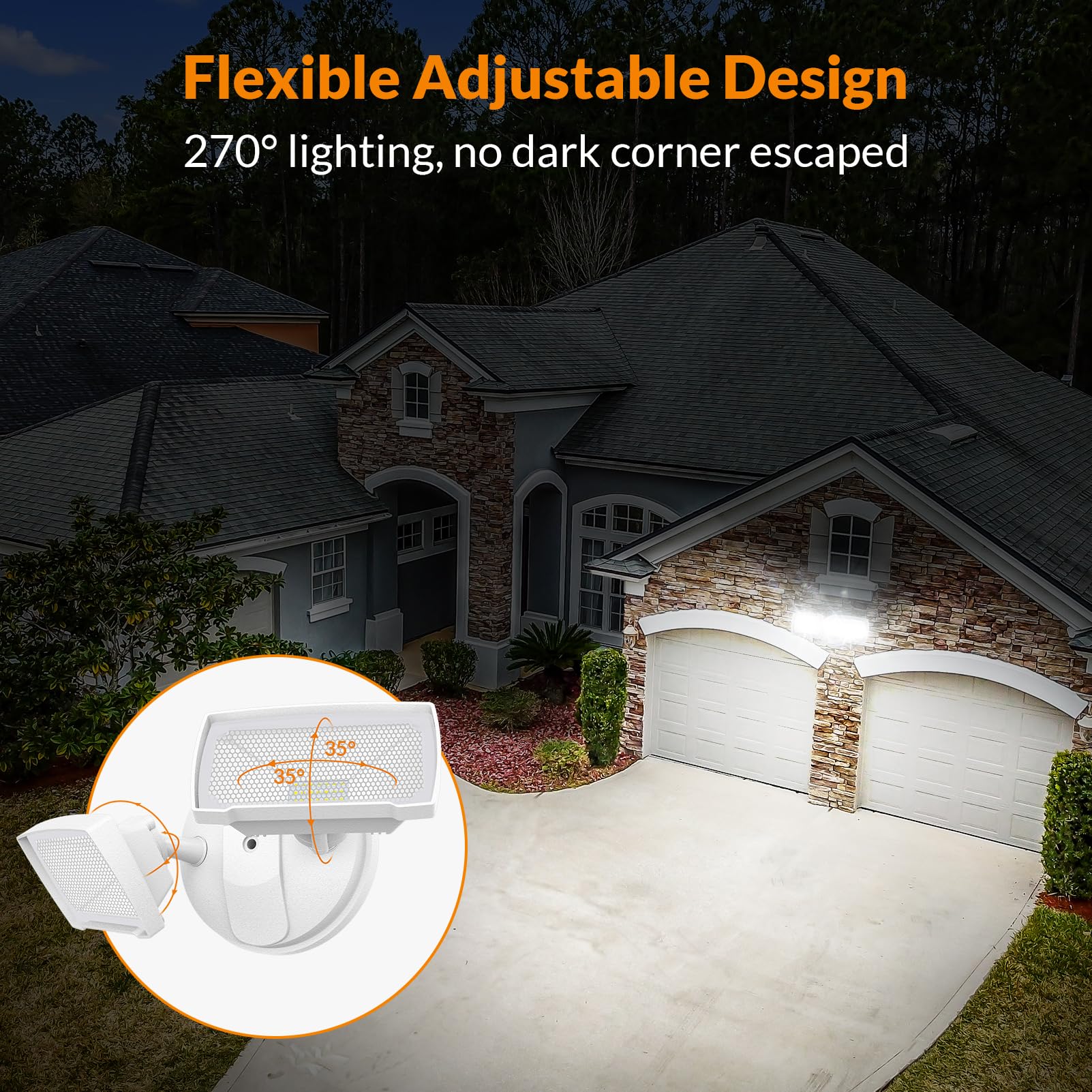 LEPOWER 3000LM LED Flood Light, 28W Outdoor Security Light, IP65 Waterproof, 2 Adjustable Heads, White, Model YY01D-WH