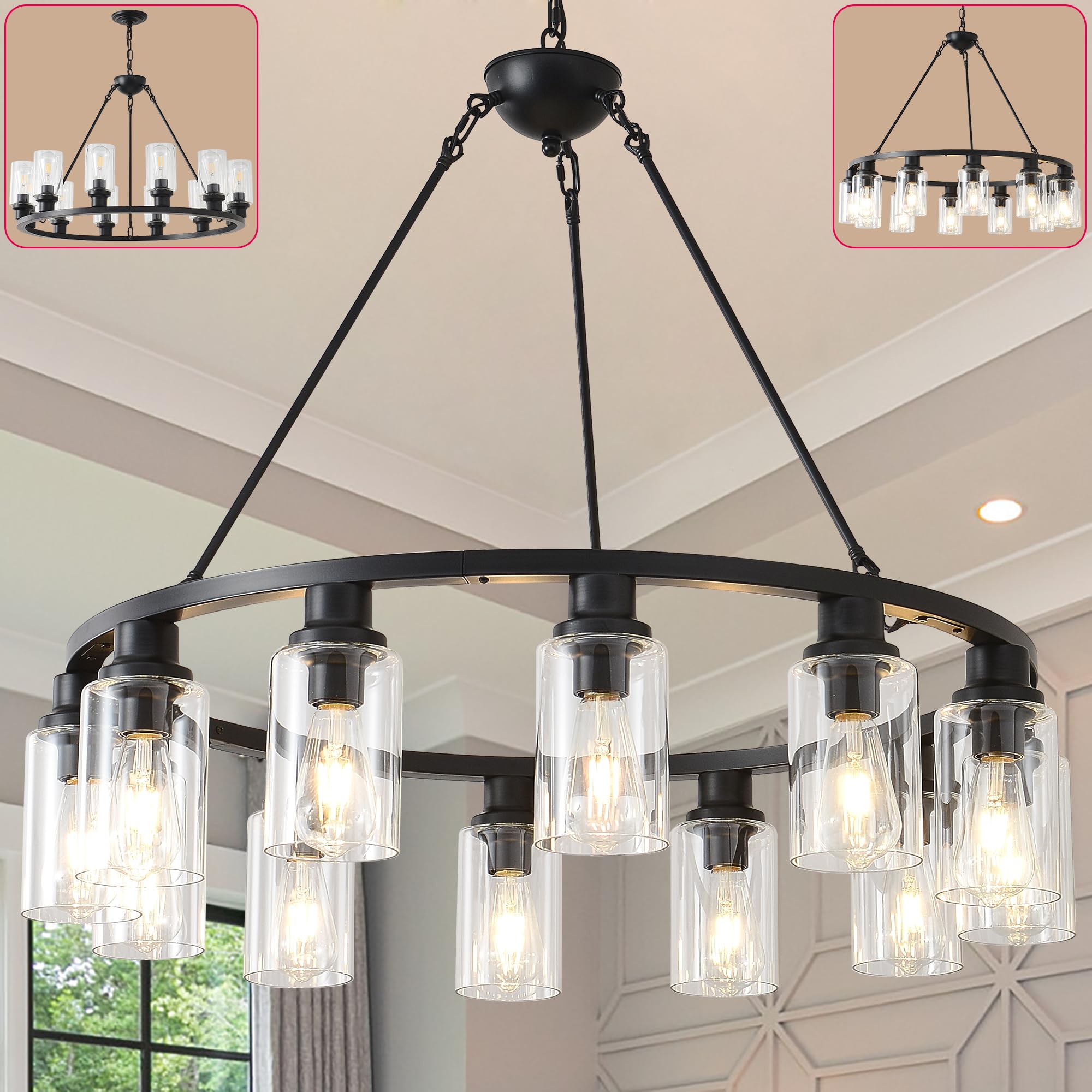 Jtyp 32&quot; Black Wagon Wheel Chandelier, 12-Light Farmhouse Pendant Light For Living Room & Kitchen
