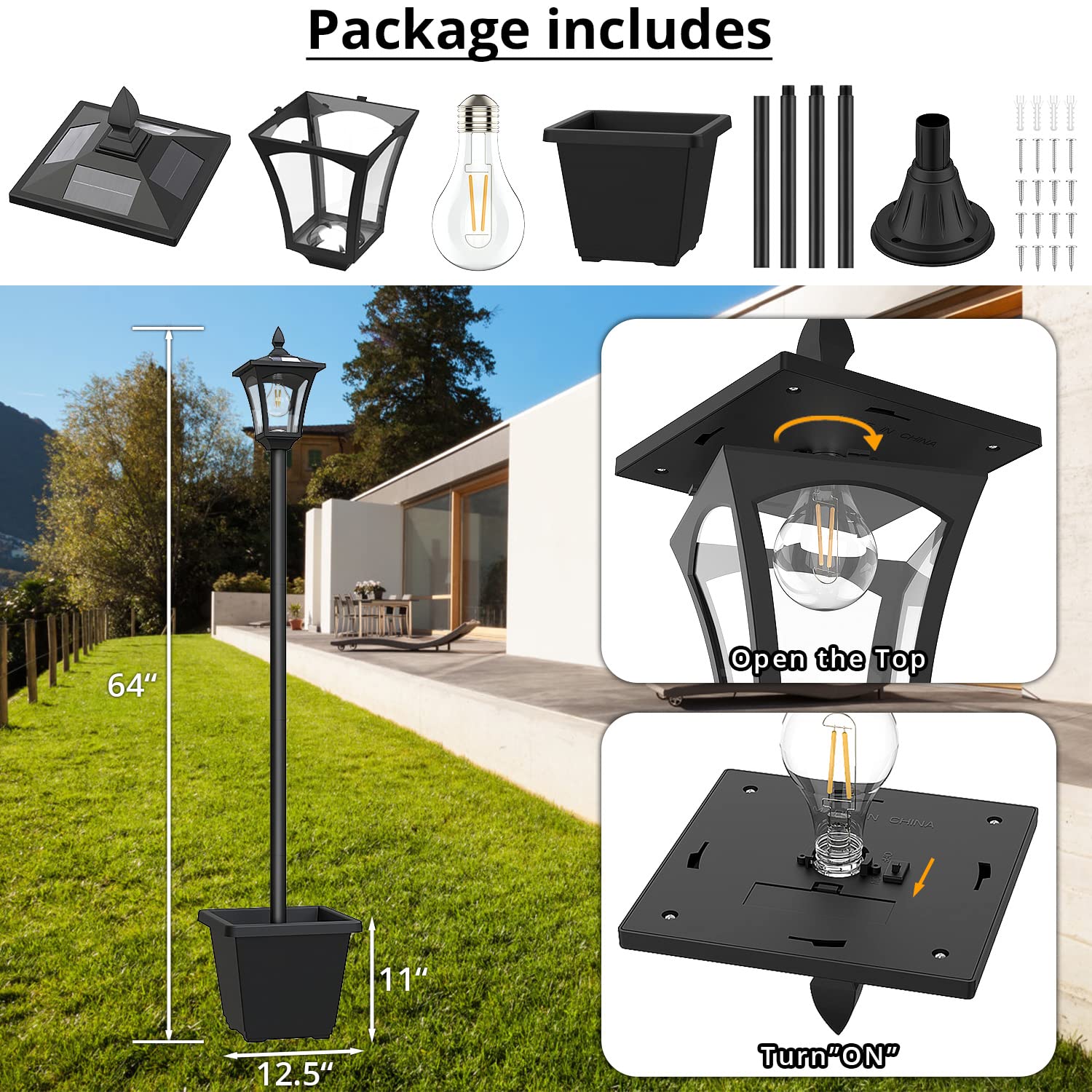 ILANCK Solar Outdoor Lamp Post Light, 64 Inch, 60 Lumen, Waterproof, Black, Stainless Steel, Model BE-09F