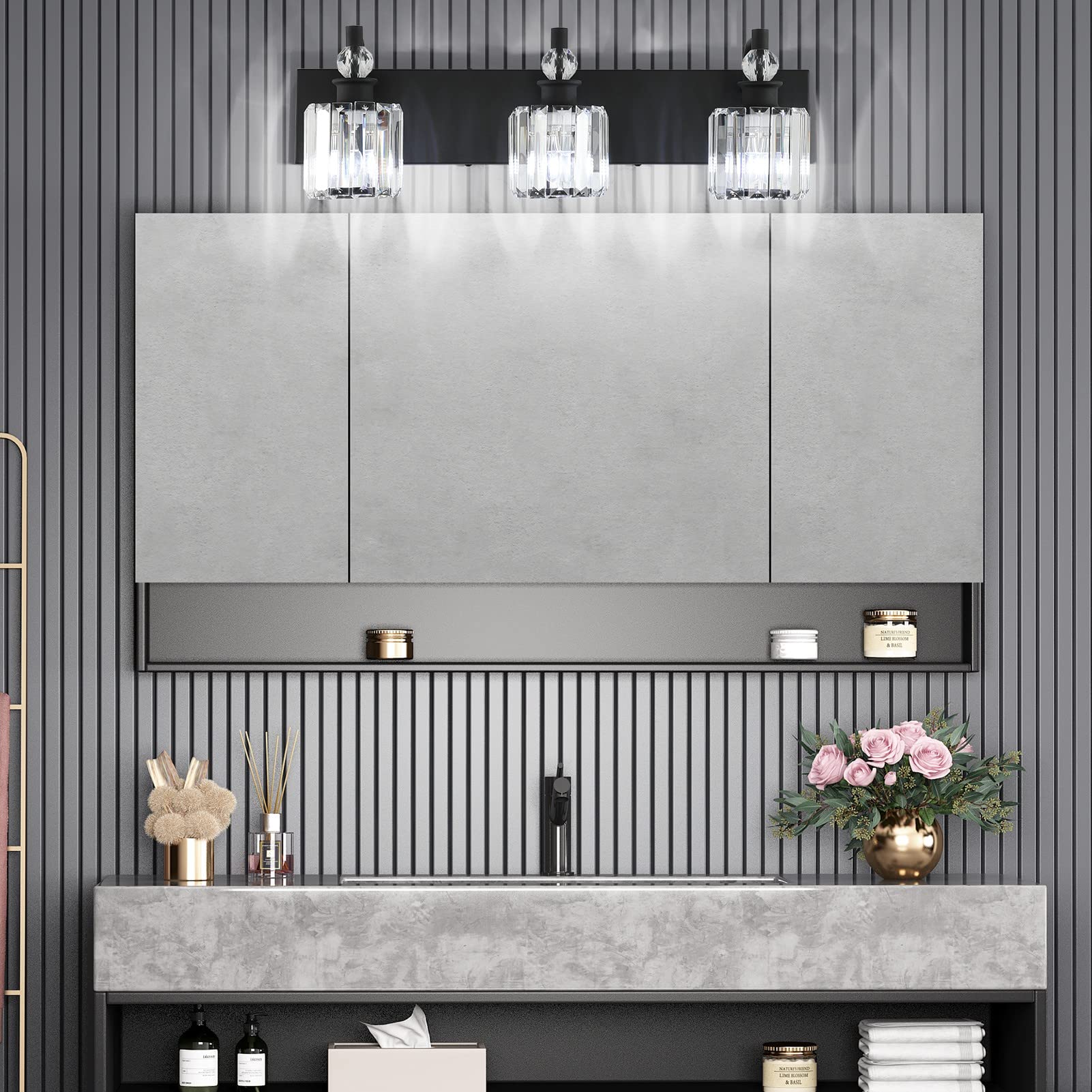 Ralbay 3 Light Bathroom Vanity Lights - Matte Black Crystal Fixtures, 24 Inch, Model 8605, Modern Over Mirror Design