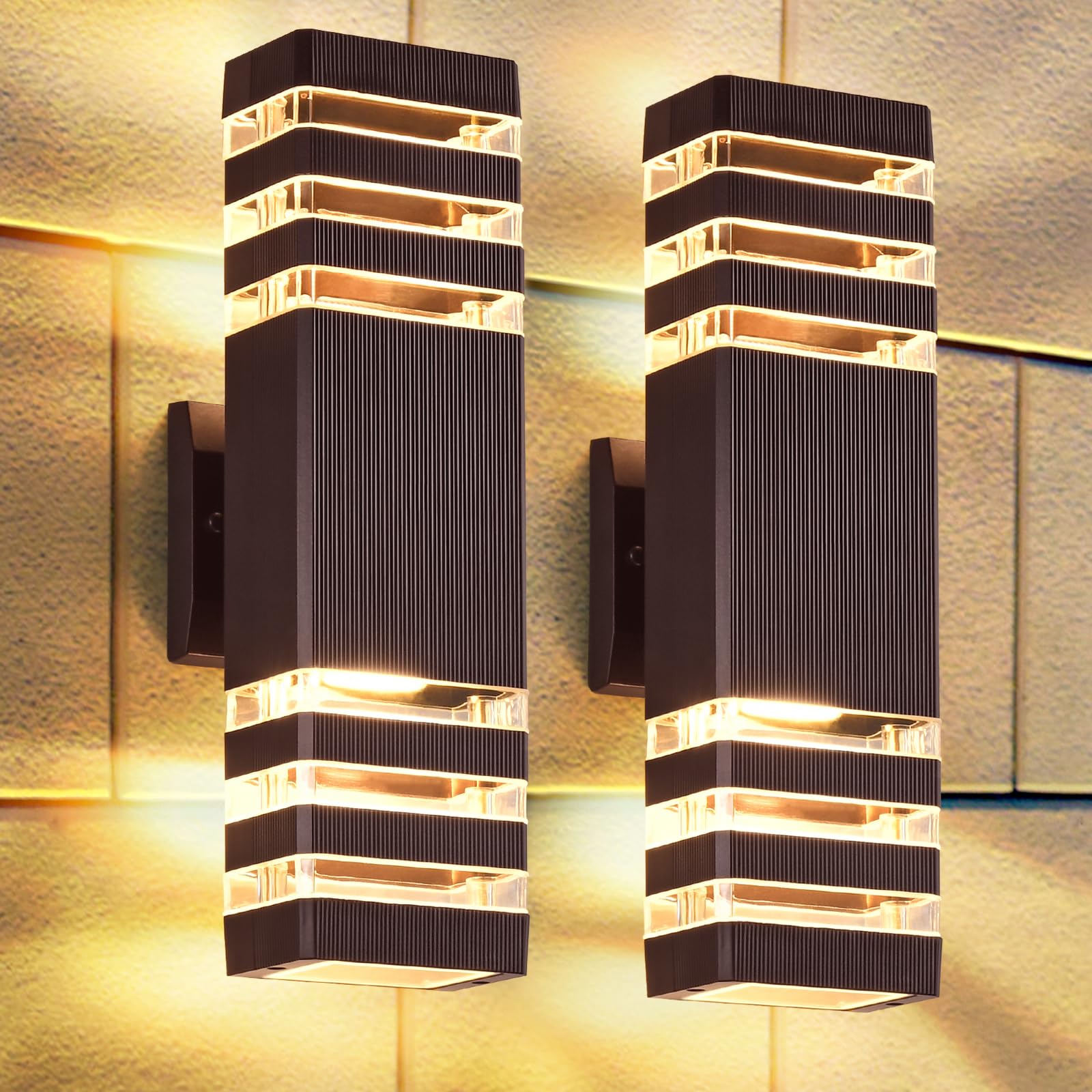 DASTOR Outdoor Wall Lights, Waterproof Aluminum Fixture, 3-Layer, Brown, 2 Pack, Model DST-240402