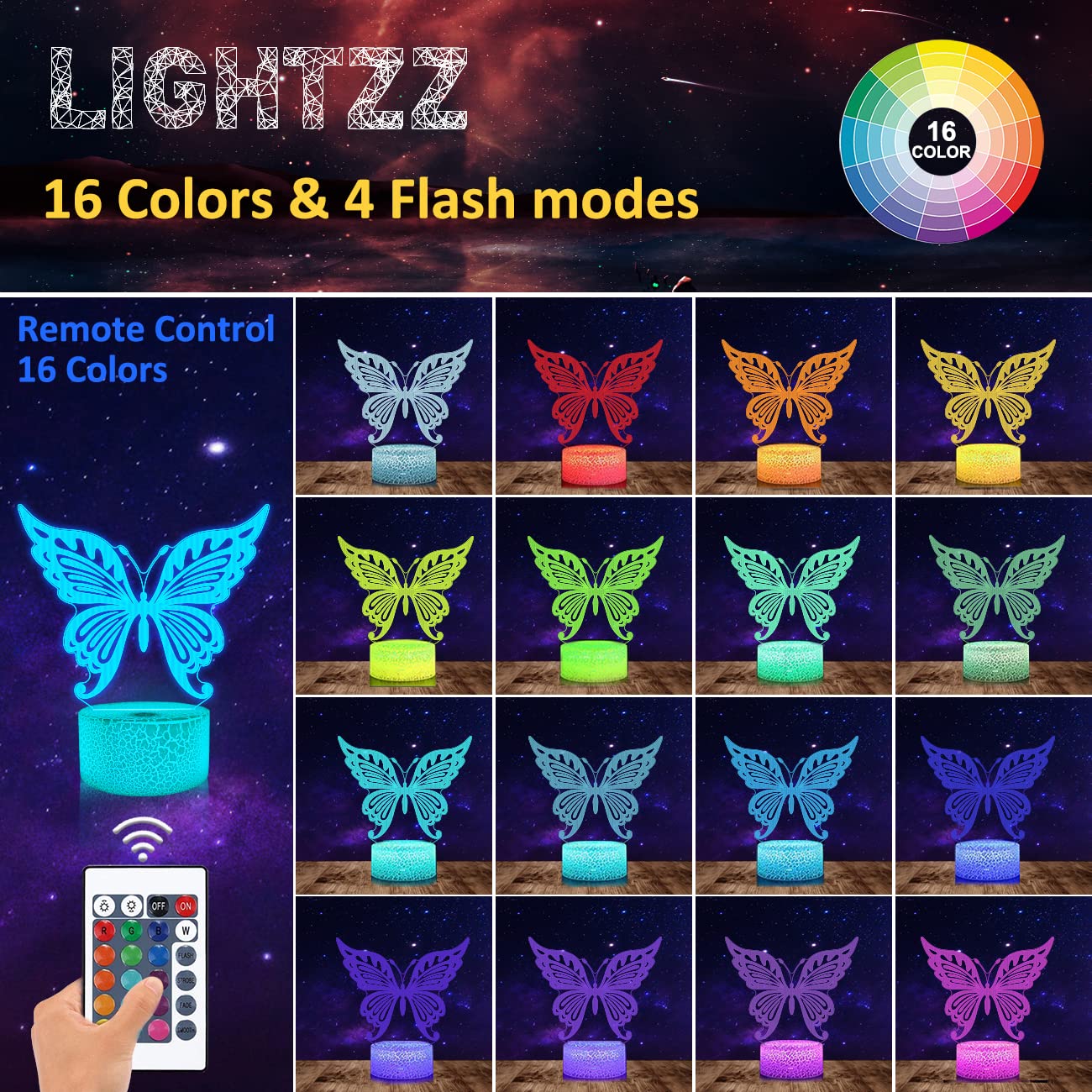 Lightzz Butterfly Night Light LED 3D Lamp with Remote Control, 16 Colors, Timer, Acrylic, Model FS-XMX001-9999
