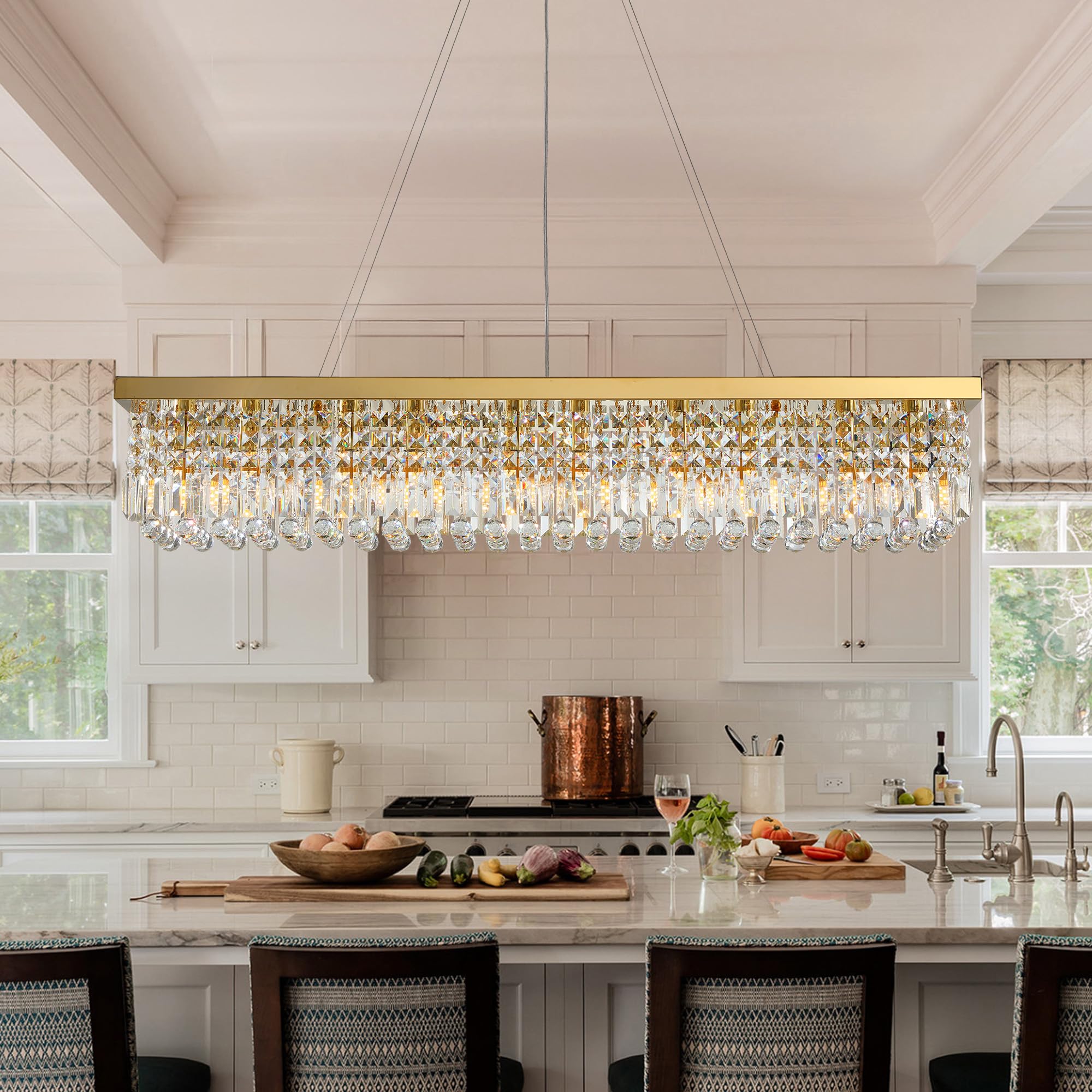 Tinkoso Modern Crystal Chandelier, 10-Light K9, 47"x10"x10", Gold Stainless Steel, Model LH-00912 for Dining Room, Kitchen, Hotel