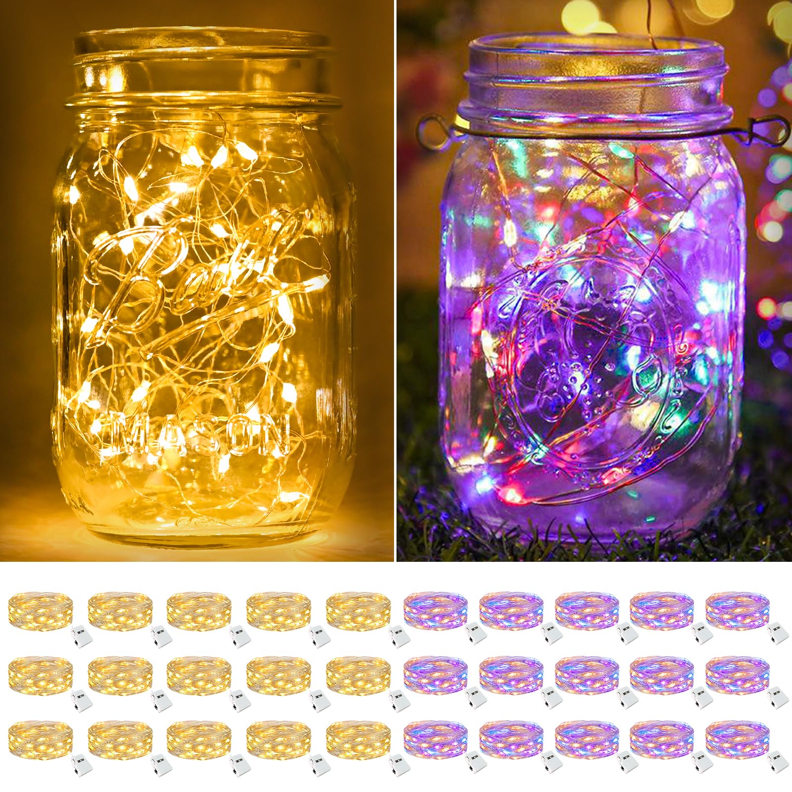 btfarm 30 Pack Fairy Lights Battery Operated [3 Modes]  7ft 20 Led Twinkle String Lights Waterproof Bulk Small Mini Sliver Wire for Christmas Mason Jars Wedding Table Centerpiece  Warm White/Colorful