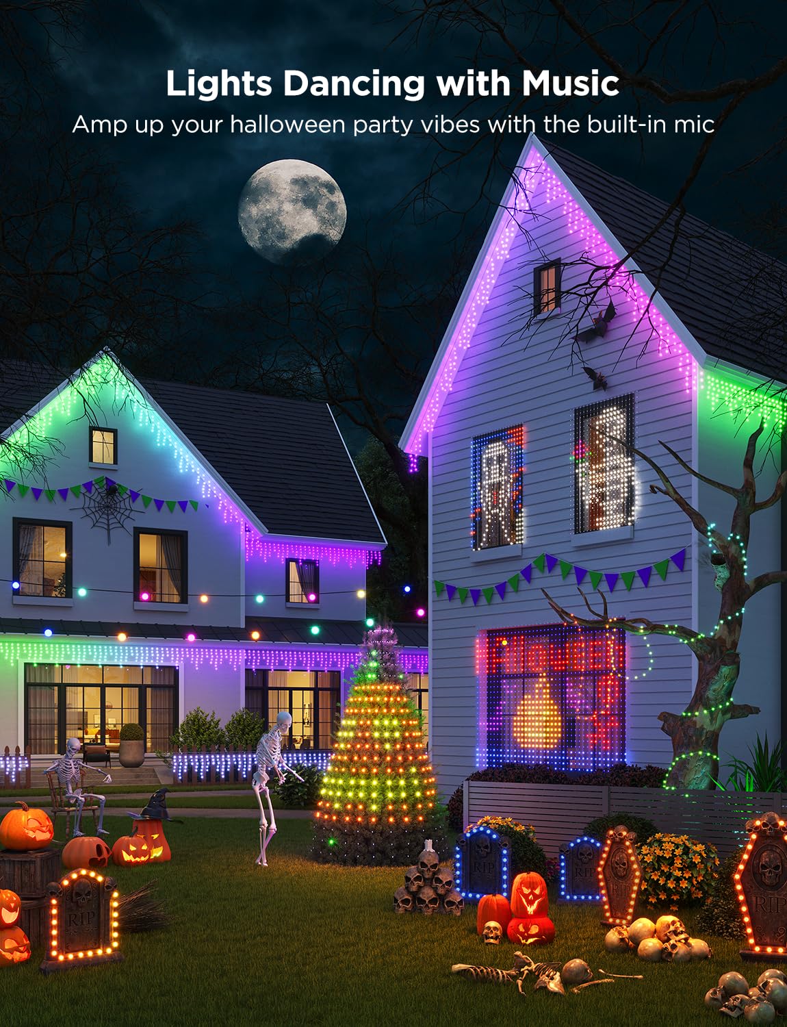 Govee Smart LED Curtain Lights, 520 LEDs, 4.9x6.6ft, RGBIC Color Changing, IP65 Waterproof, Model H70B3, White